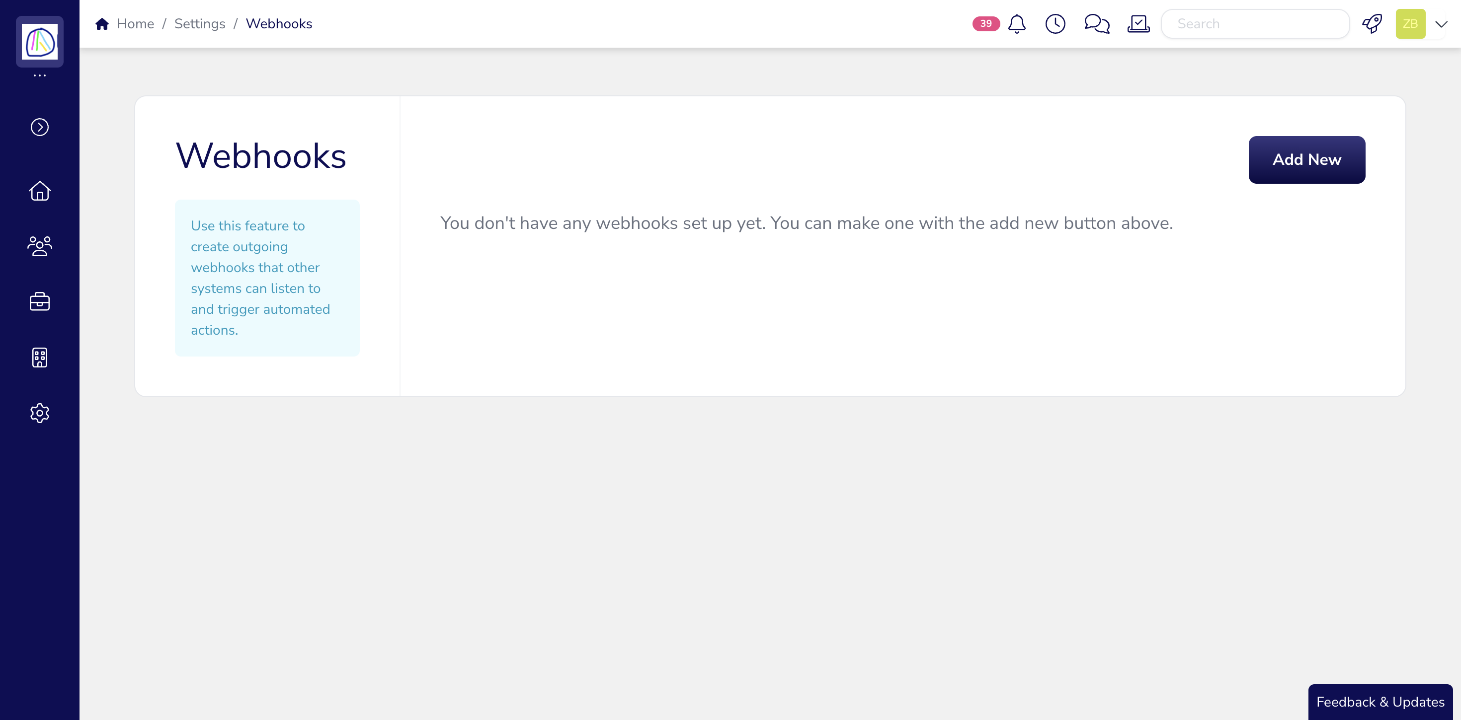 Click **Add New** to set up a new **webhook**