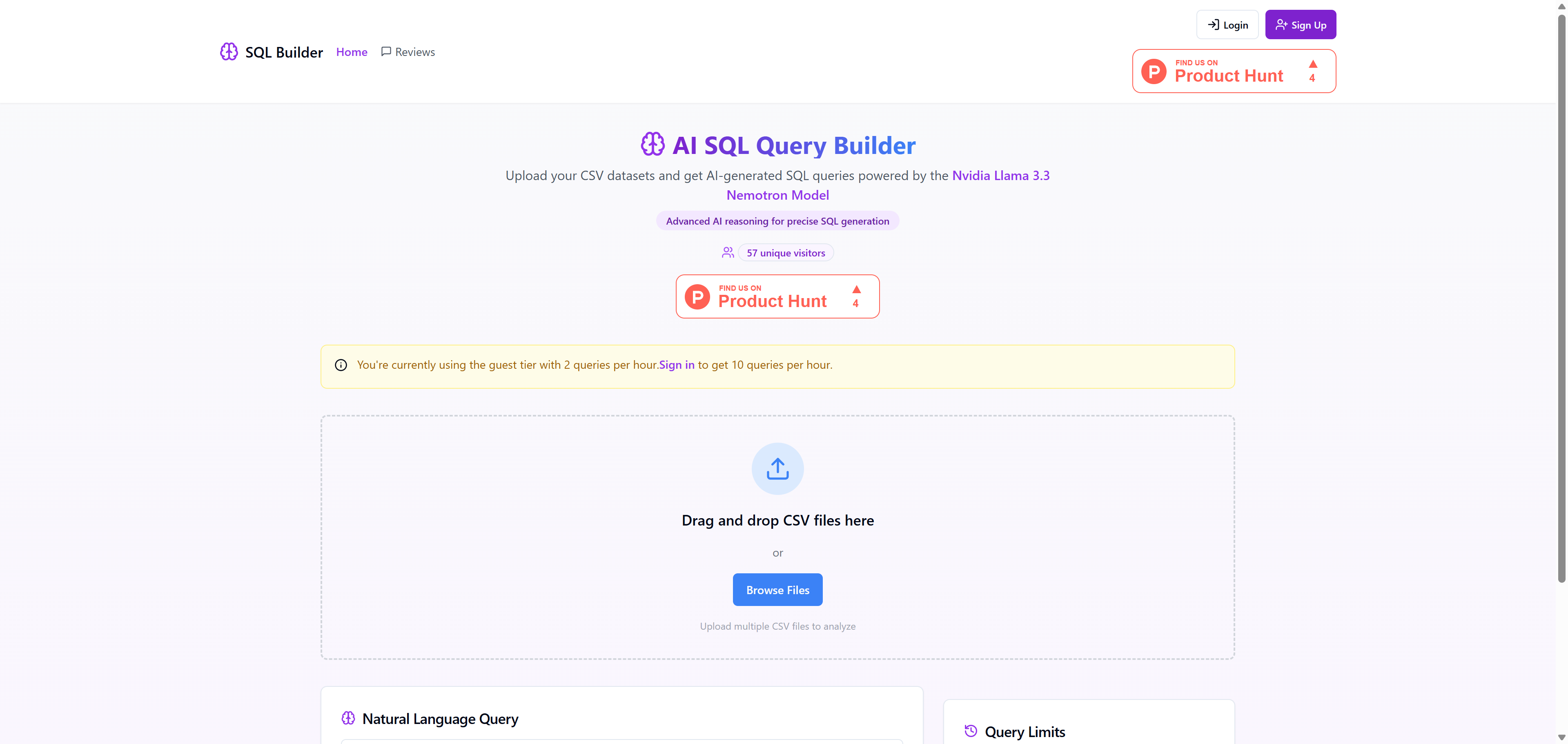 Start by browsing your files to upload a CSV dataset for SQL query generation.