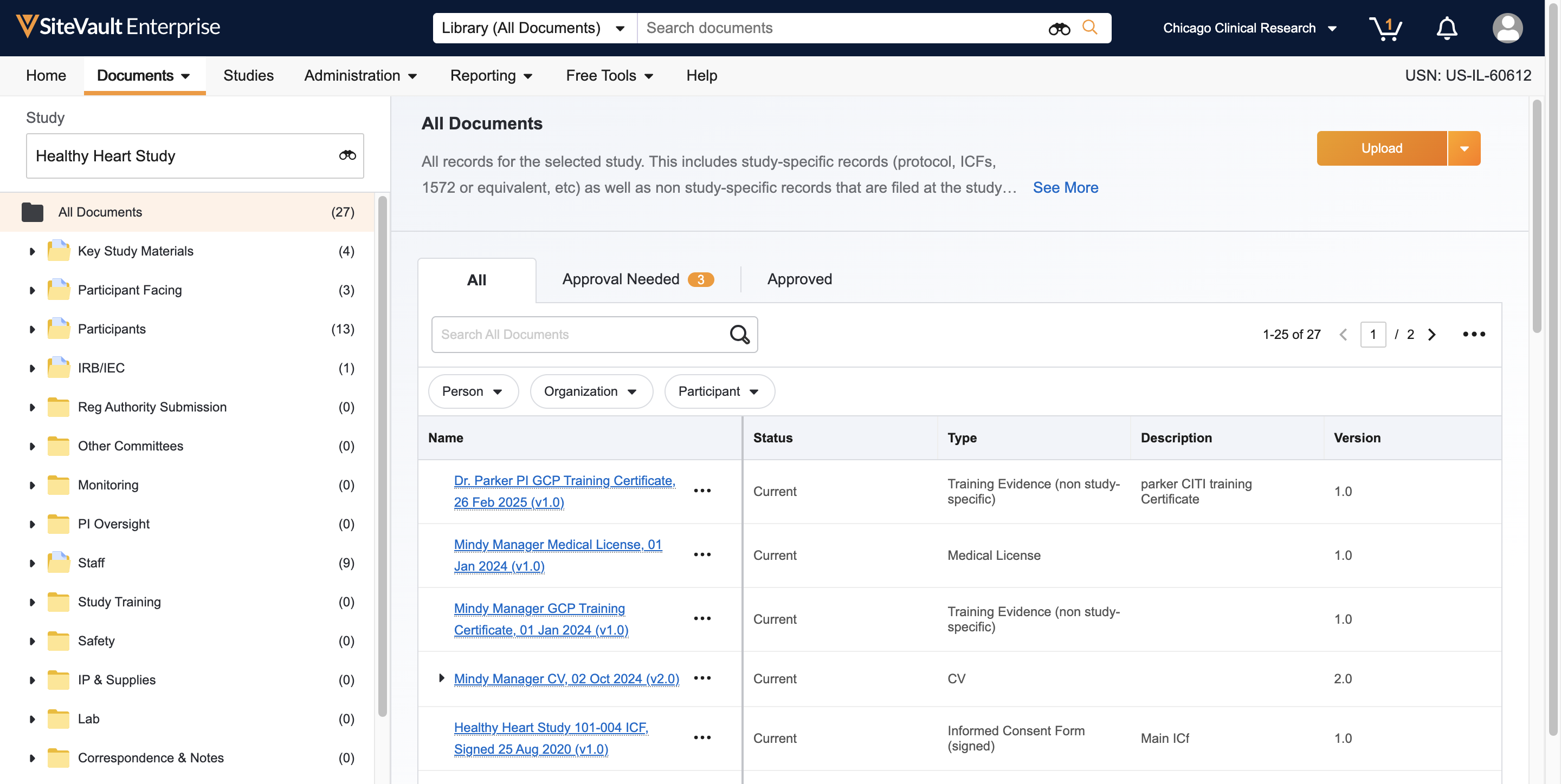 Select **Upload** or drag and drop documents from a local folder to and eBinder folder or the center table.