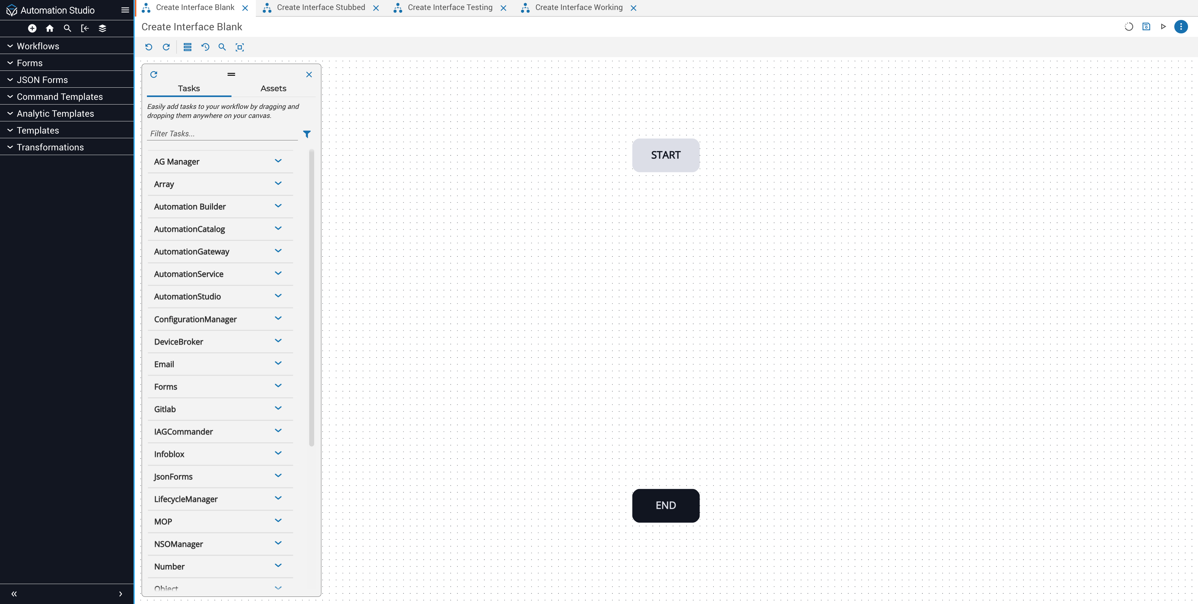 Let's create a workflow for a simple use case. 

This workflow will request an IP from the Infoblox server and configure a new interface on a Cisco router.
