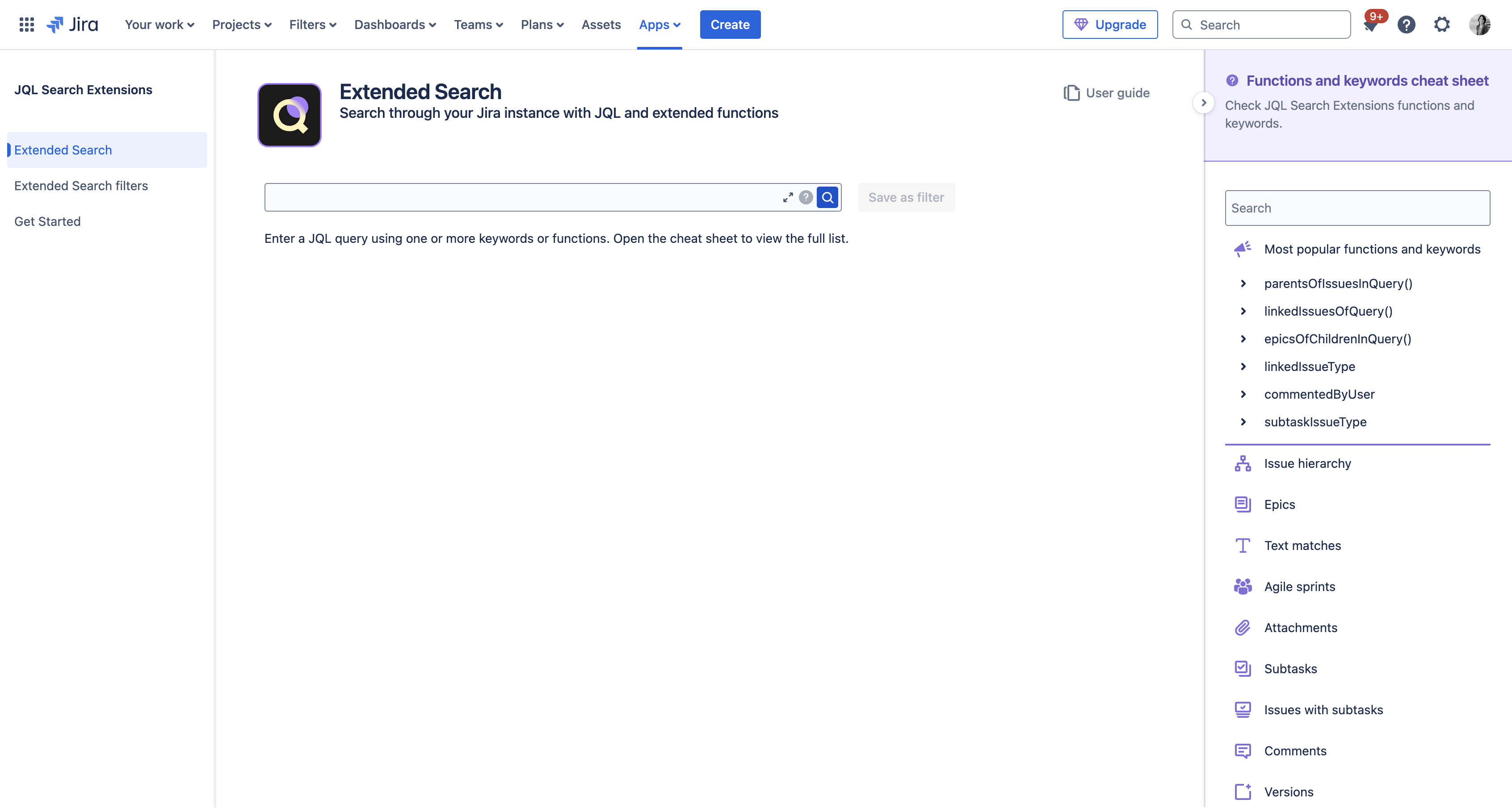 Create a query using one or more JQL Search Extensions keywords or functions.