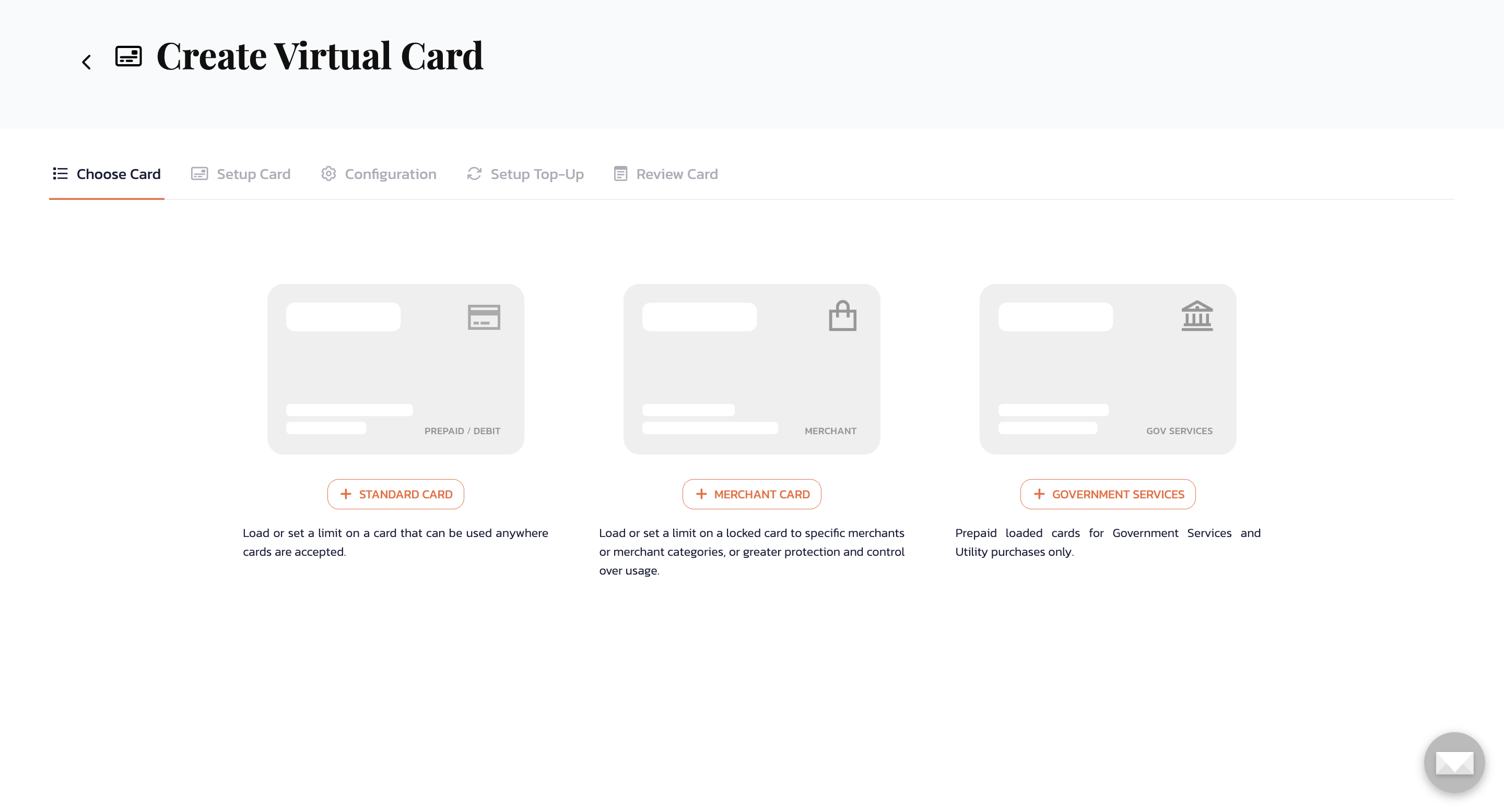 You can choose between standard card or a dedicated merchant card. Here we will show you how to create a standard card.