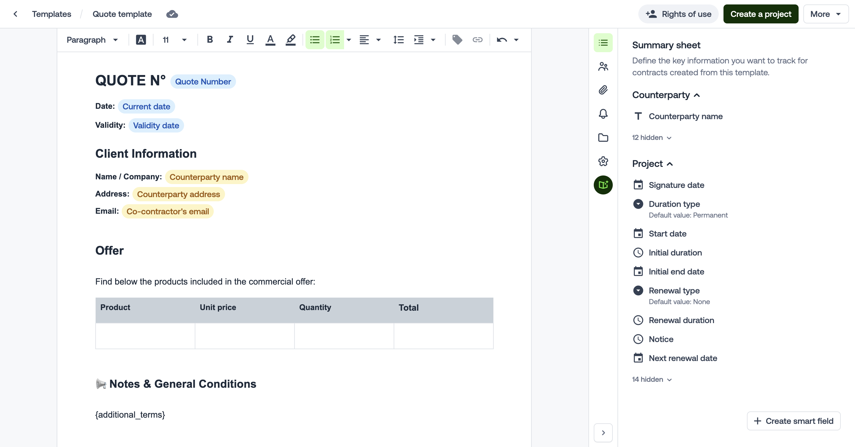 You are on a quote template where you need a table with a variable amount of lines for each proposal. 