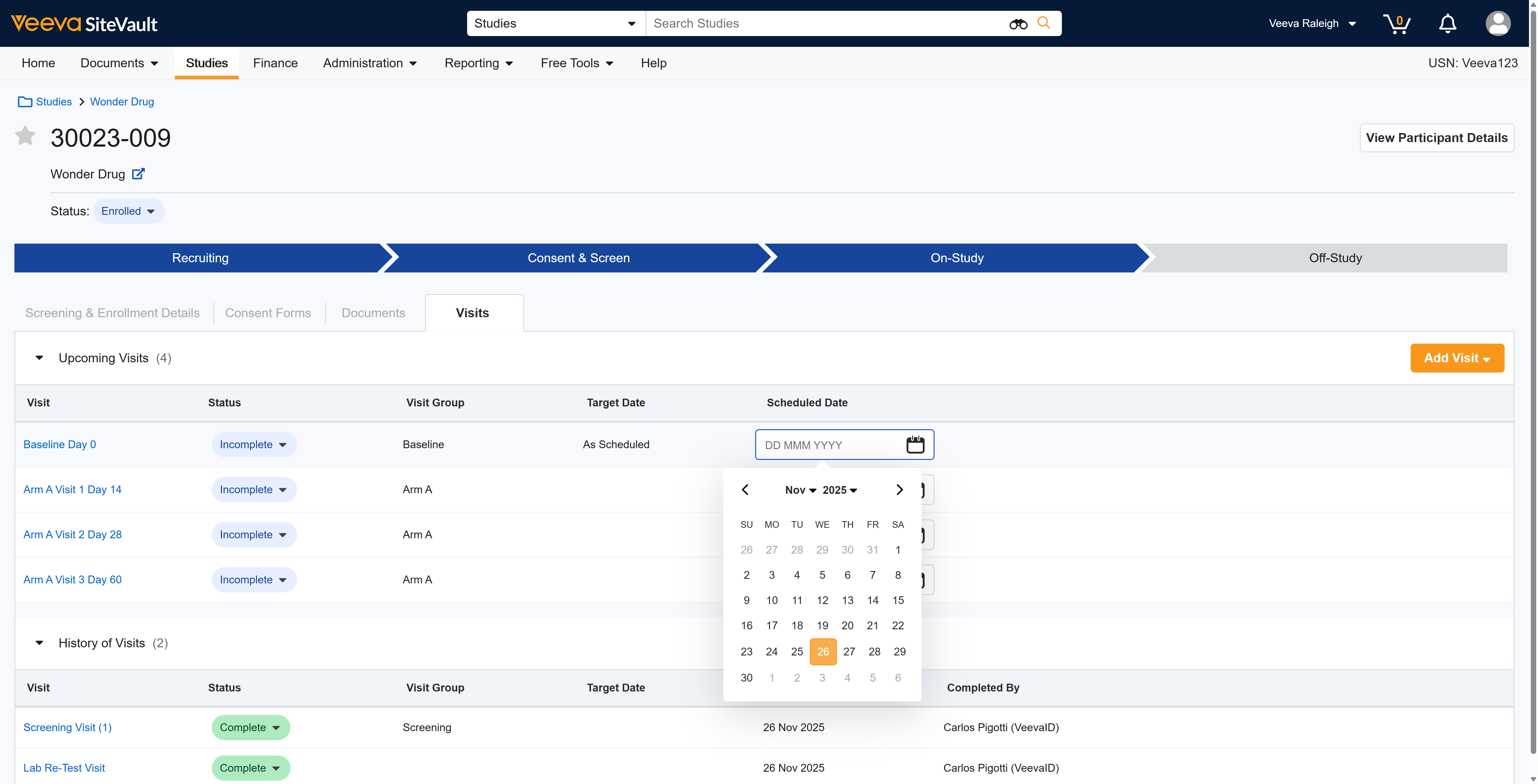To schedule future visits, use the calendar to select a **Date**