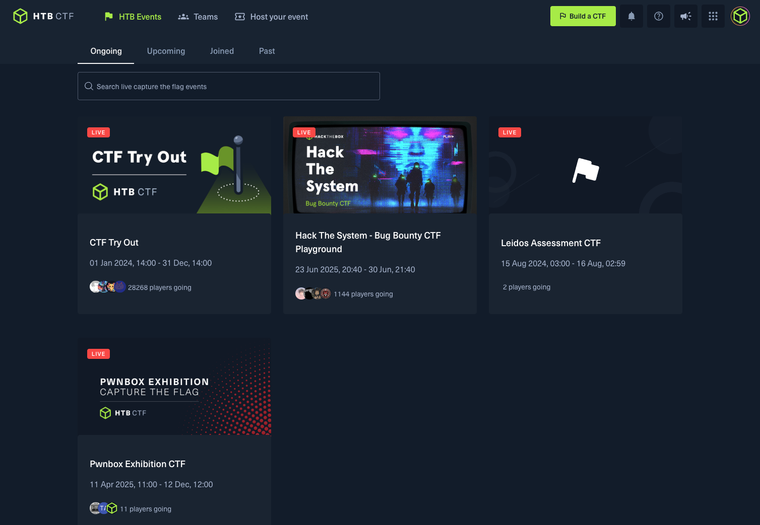 To join a CTF event you can either use the link provided by your event administrator or join one of the available events within the HTB CTF platform 