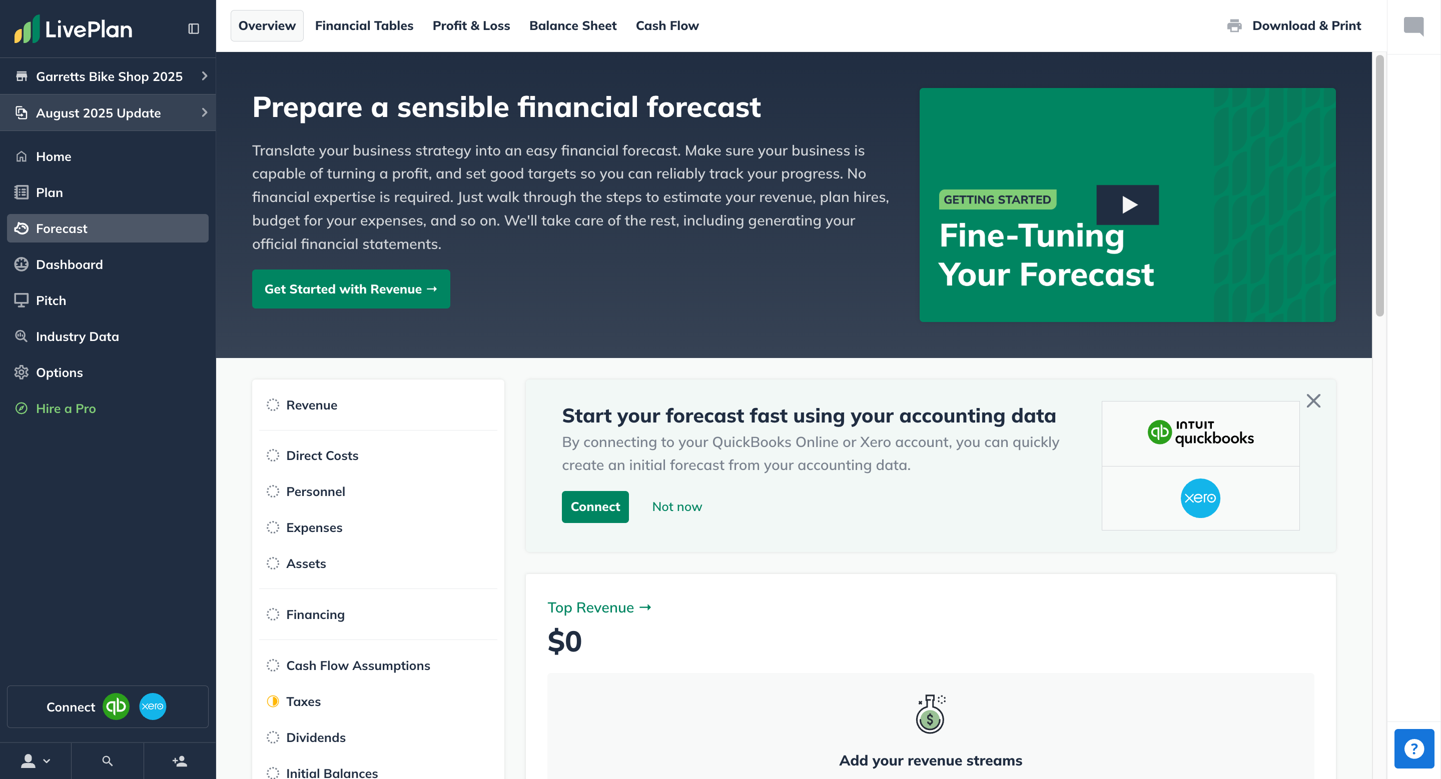 To connect to Quickbooks Online, select **Connect** in the *Forecast* section of your LivePlan account.