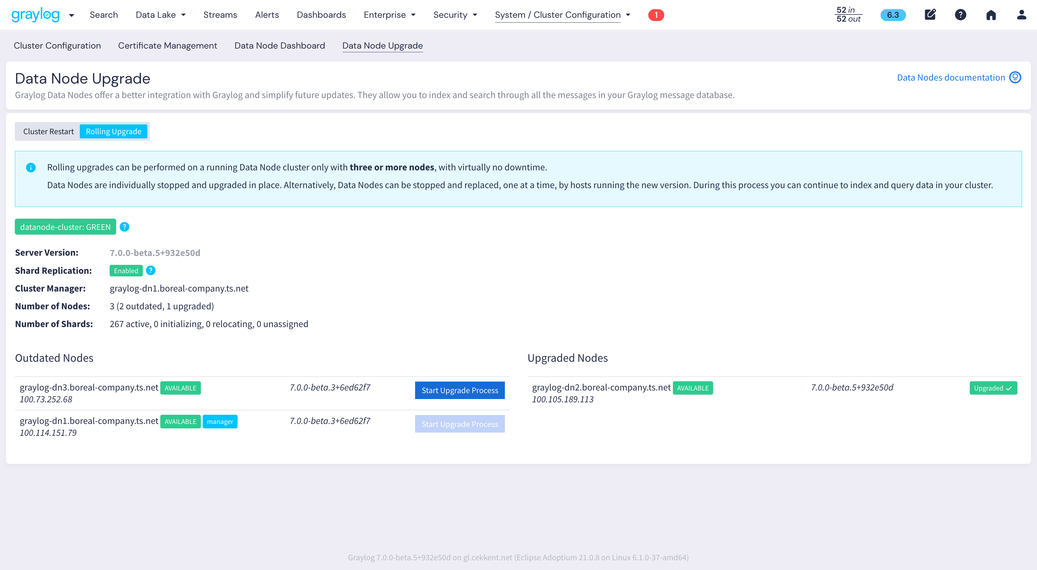 Click Start Upgrade Process to begin updating the selected outdated data node.