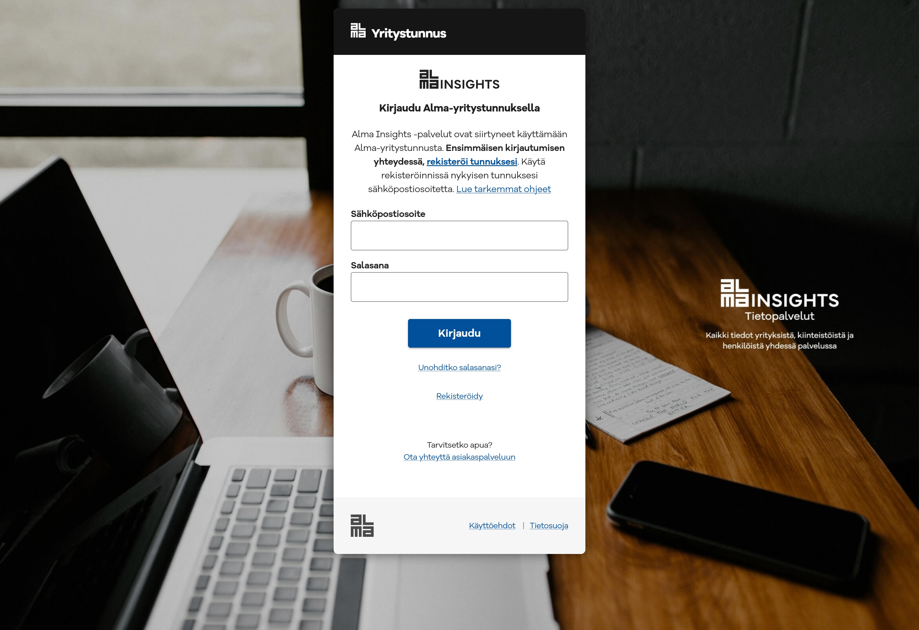Aloita napsauttamalla "rekisteröi tunnuksesi" tai "Rekisteröidy"-linkkiä. 

Rekisteröinti tehdään vain kerran!

Jatkossa voit kirjautua suoraan sisään.