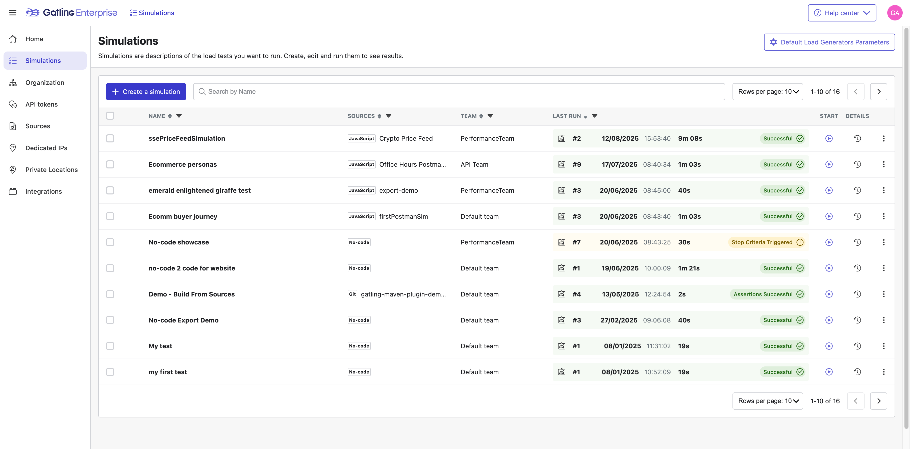 Click Create a simulation to kick off a brand-new load testing project.