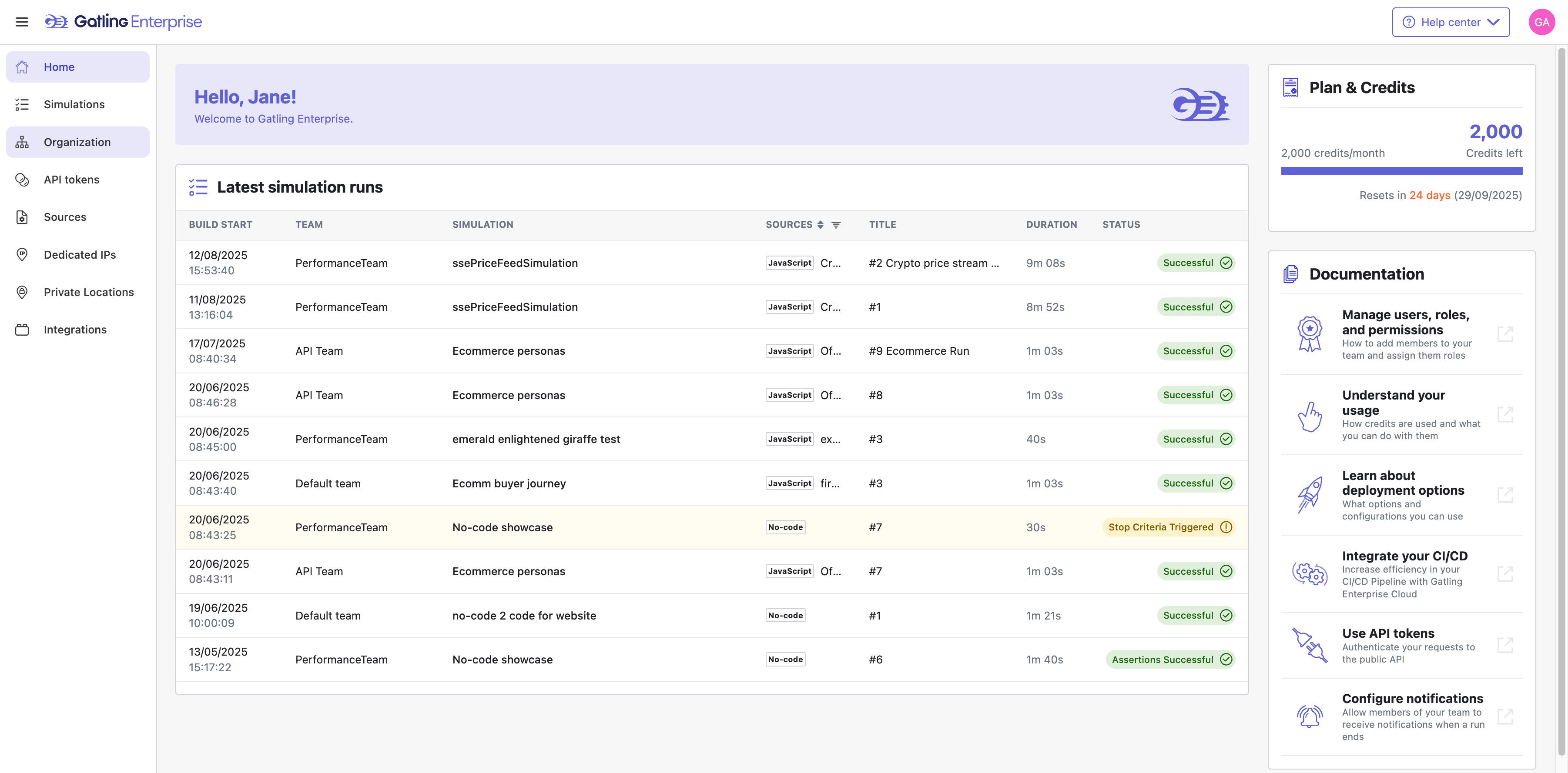Start by opening the Simulations section to manage and monitor your performance tests.