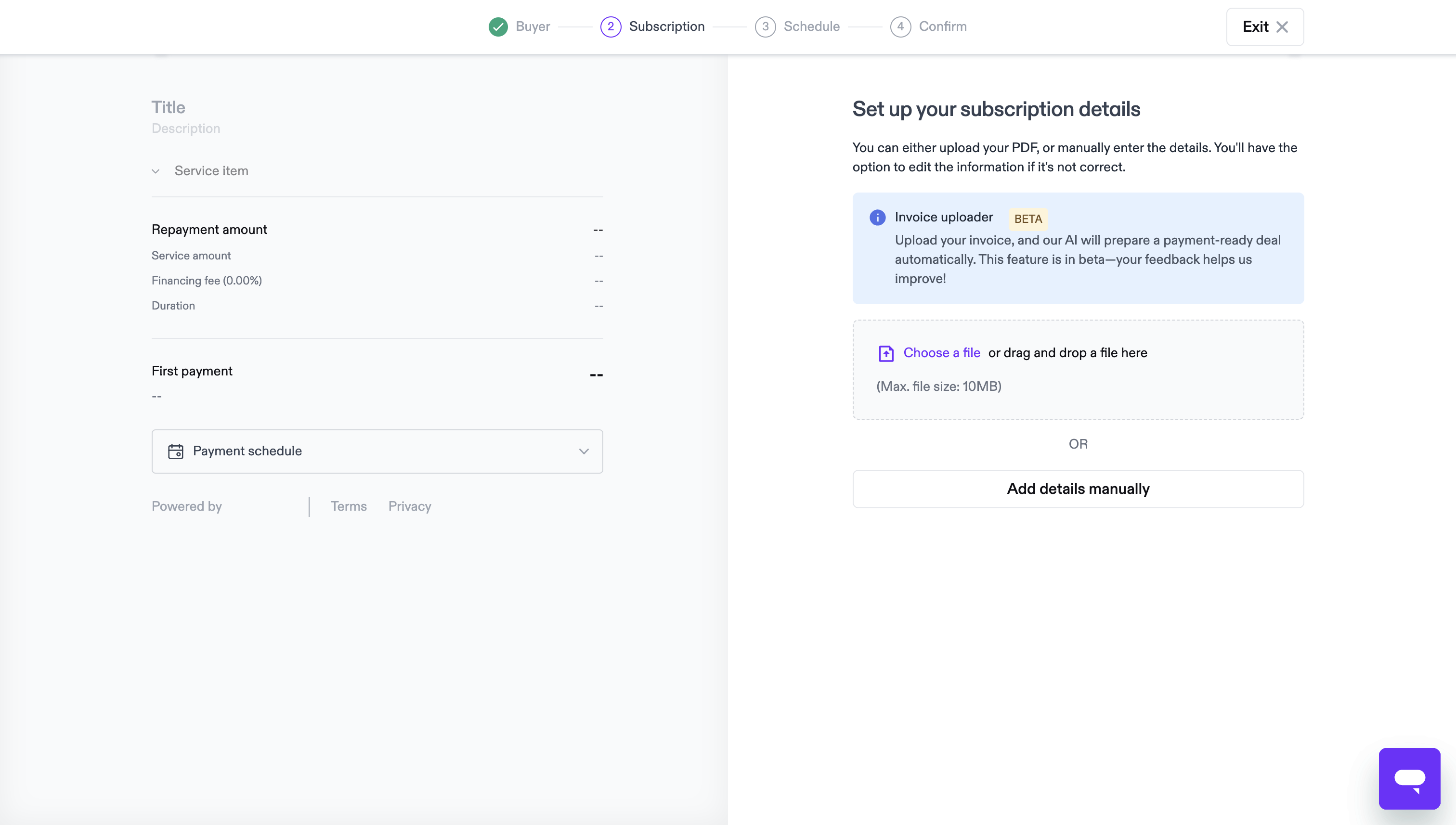 Upload your invoice or order form to automatically create the subscription payment link