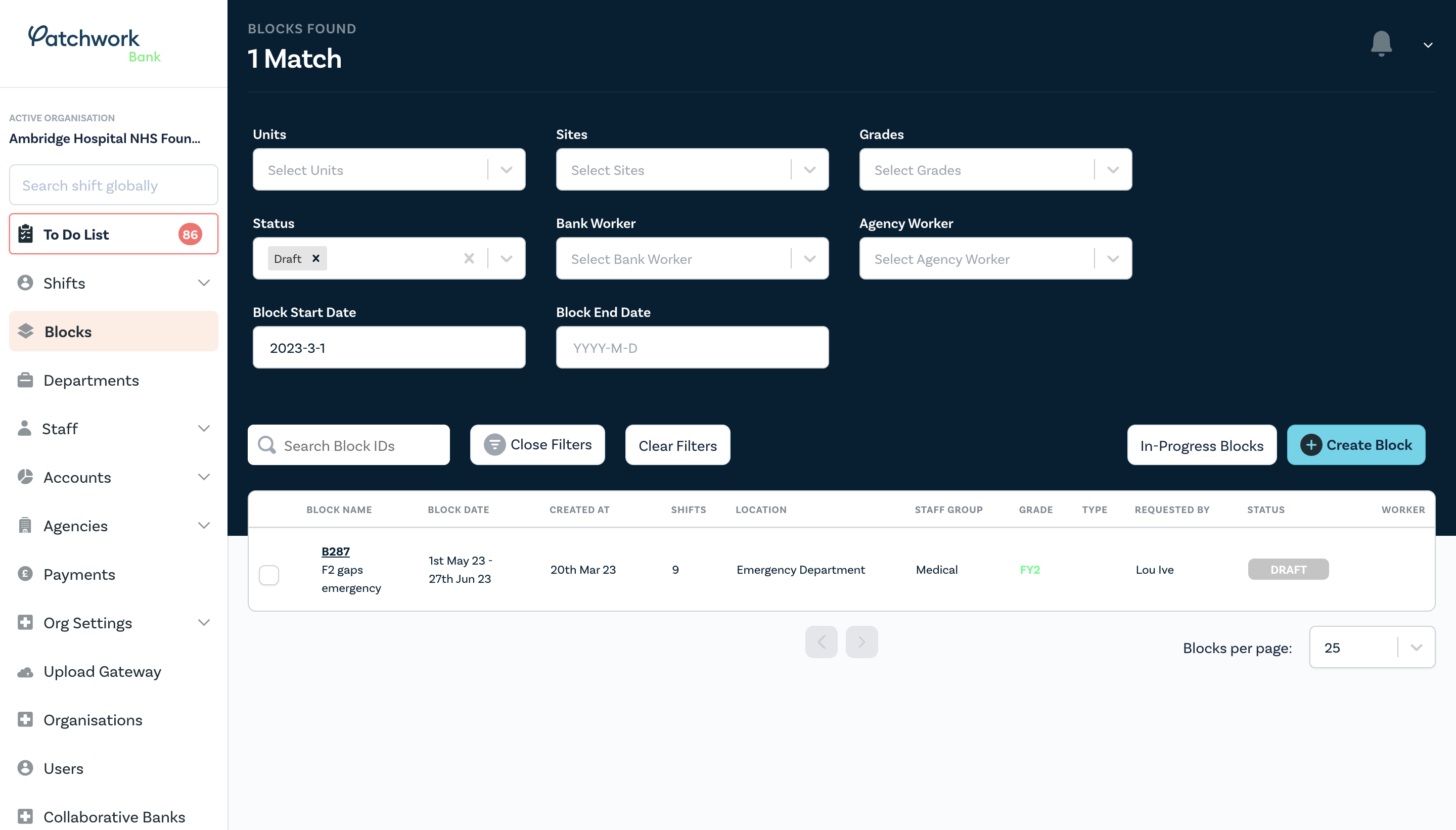Filter by status to see blocks currently in draft.