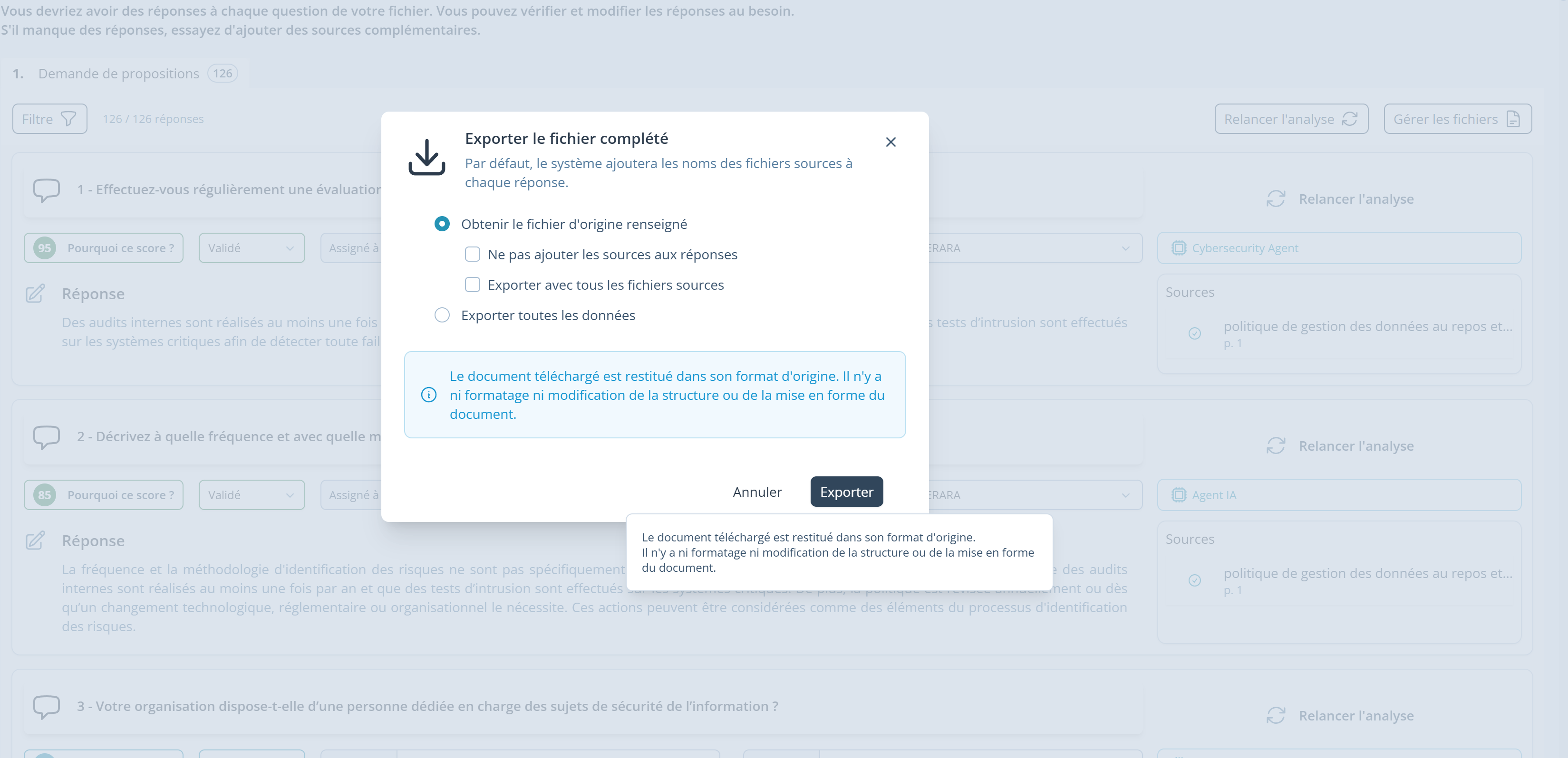 Sélectionnez le type d’export souhaité et cliquez pour obtenir le questionnaire complété