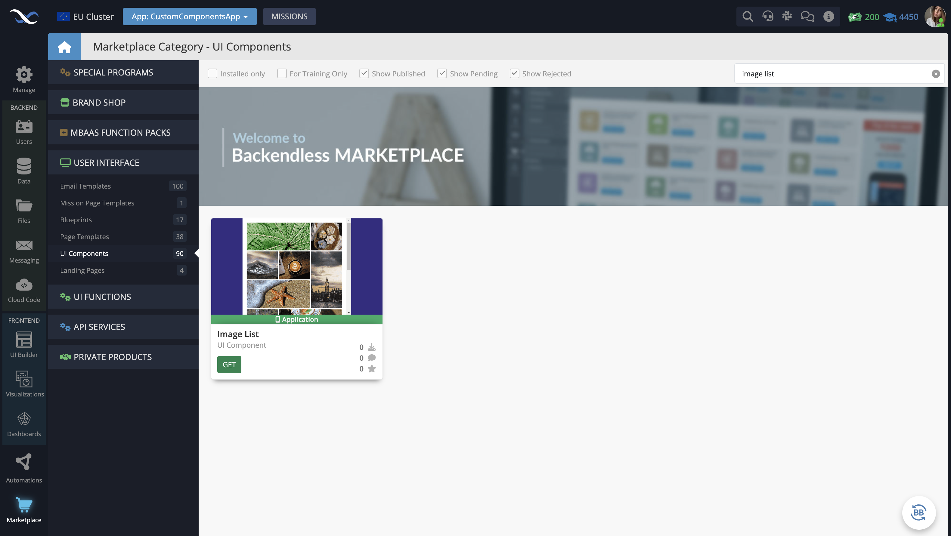 In your Backendless App, go to the Marketplace -> User Interface tab and install the Image List component