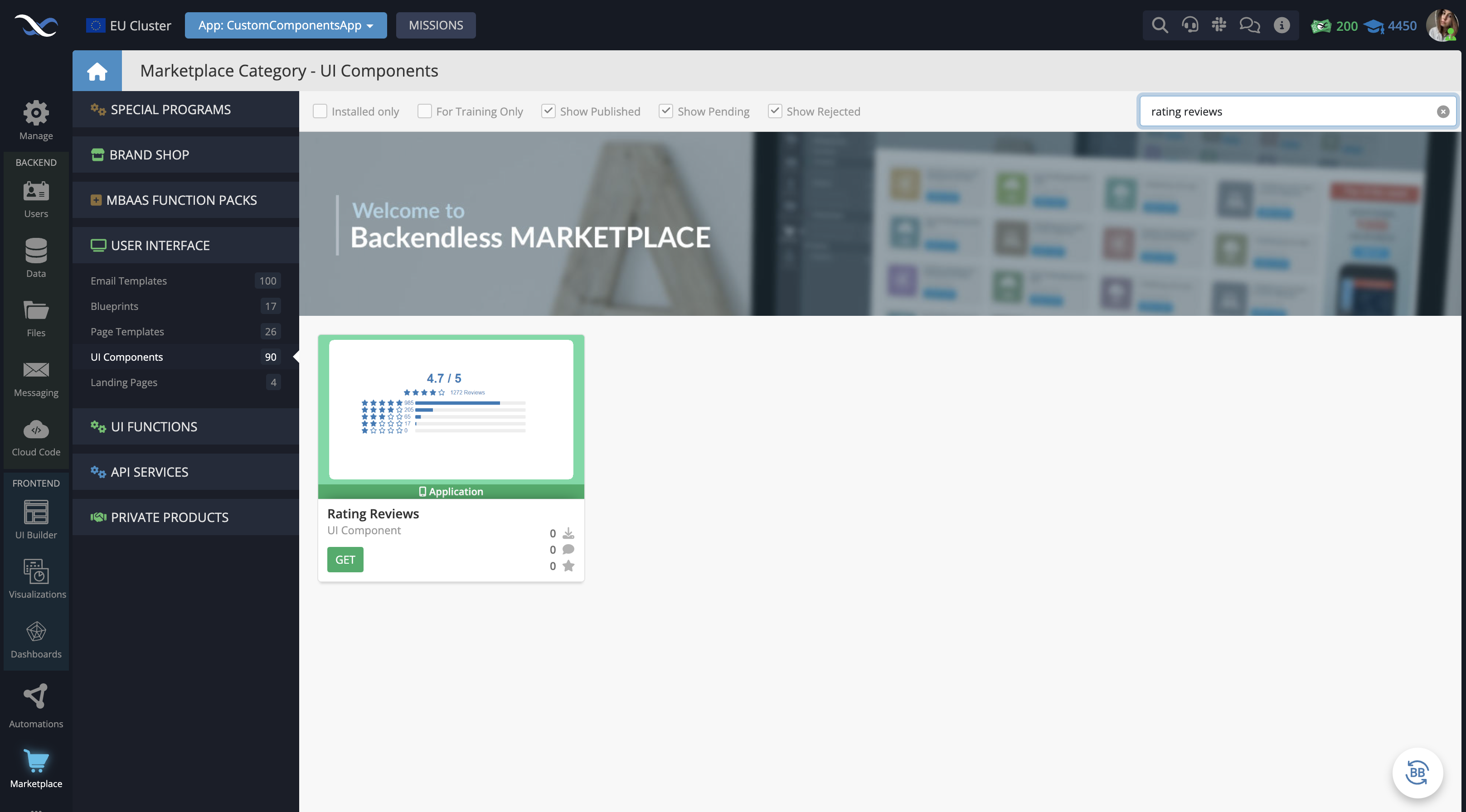 In your Backendless App, go to the Marketplace -> User Interface tab and install the Rating Reviews component