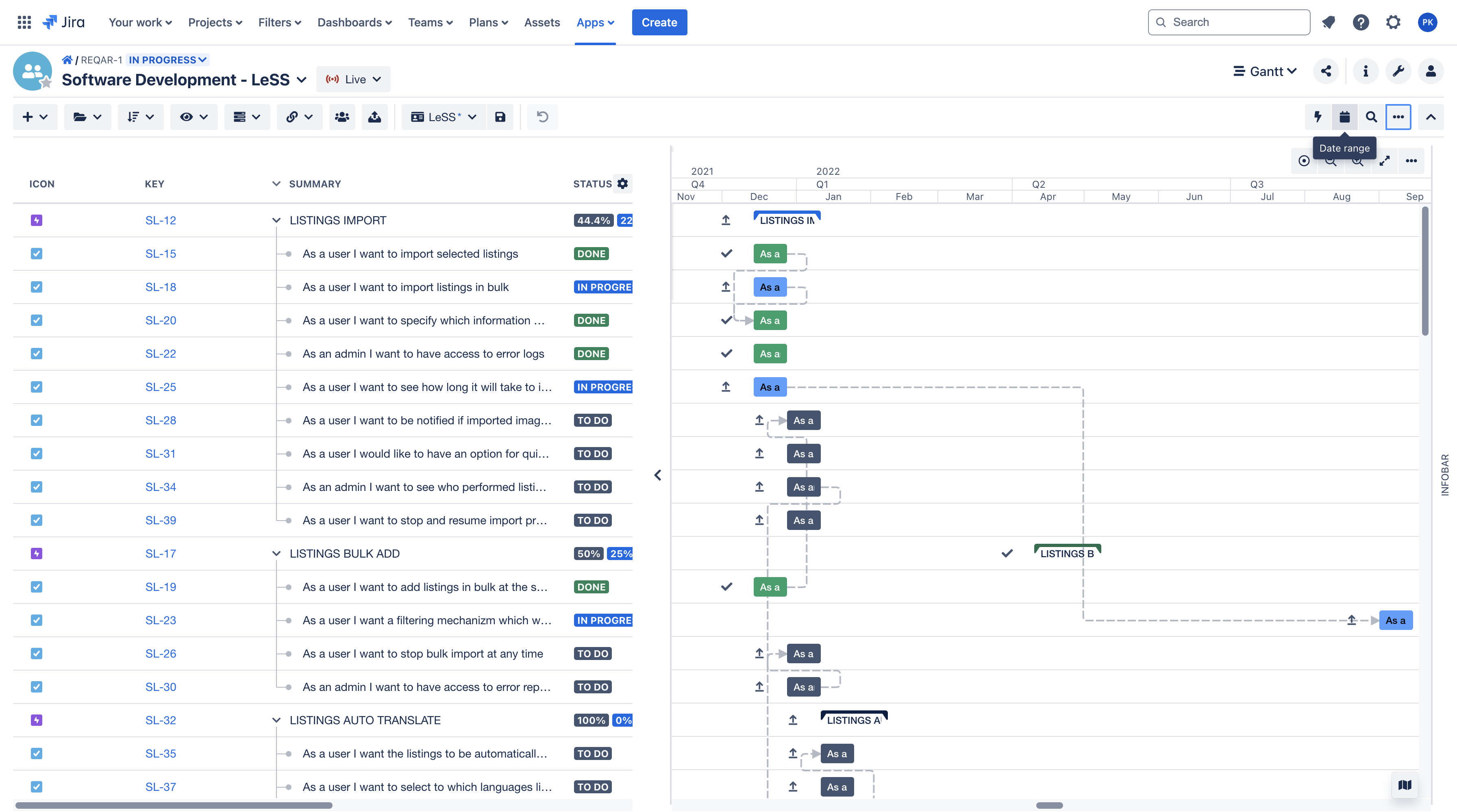 Click here to open the filtering field.