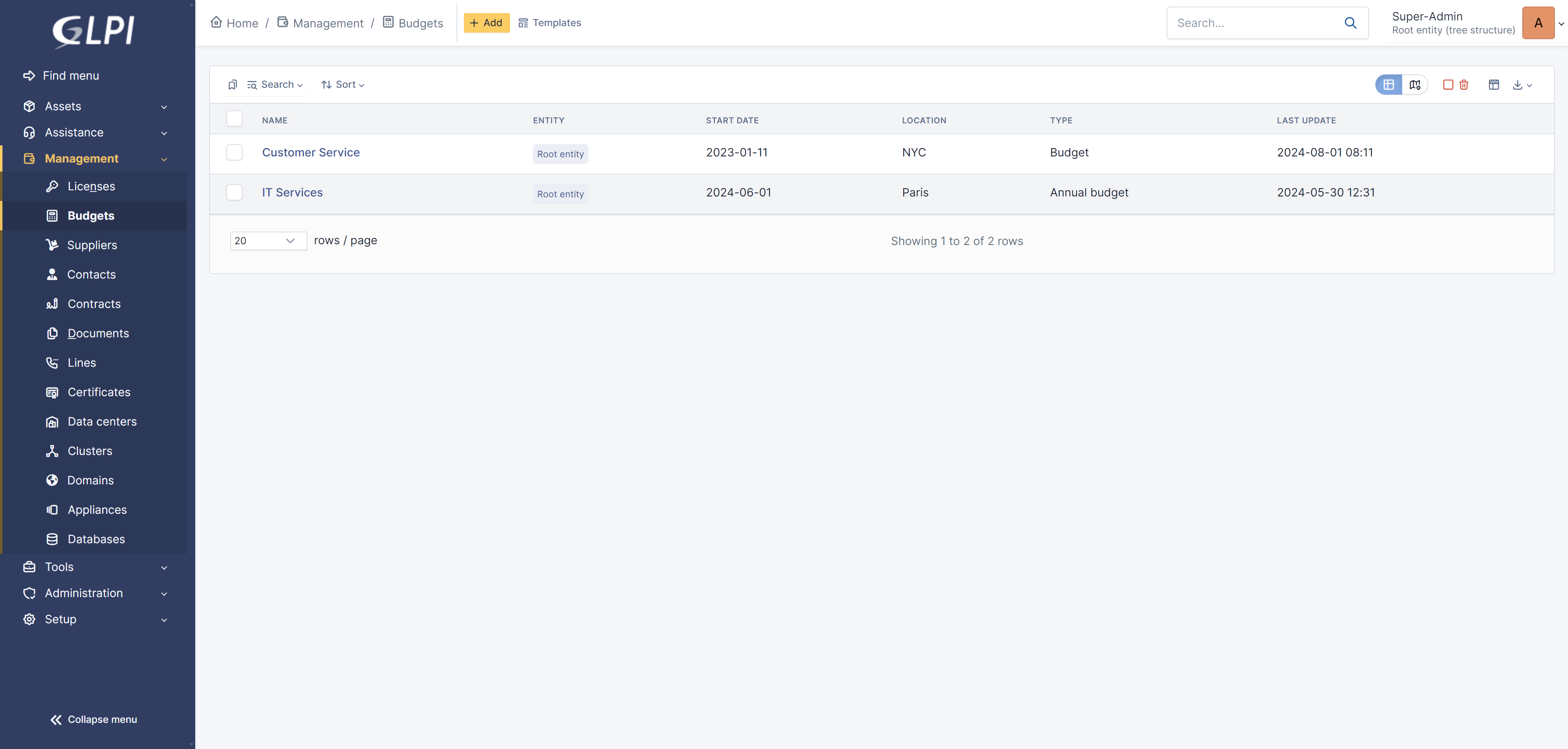 Depuis l'onglet Gestion, le menu Budgets est disponible. Il vous permettra de visiualiser et gérer rapidement le ou les dépenses des budgets alloués 