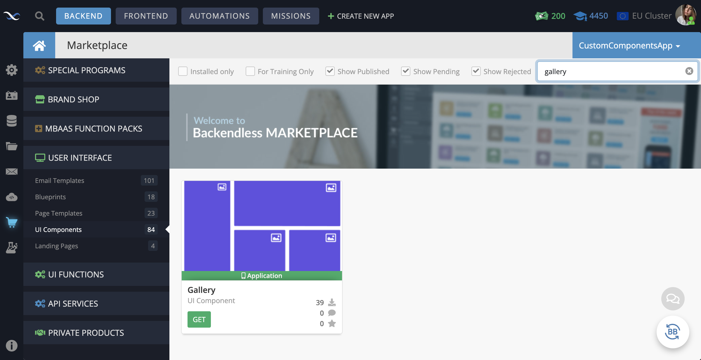 In your Backendless App, go to the Marketplace -> User Interface tab and install the Gallery component