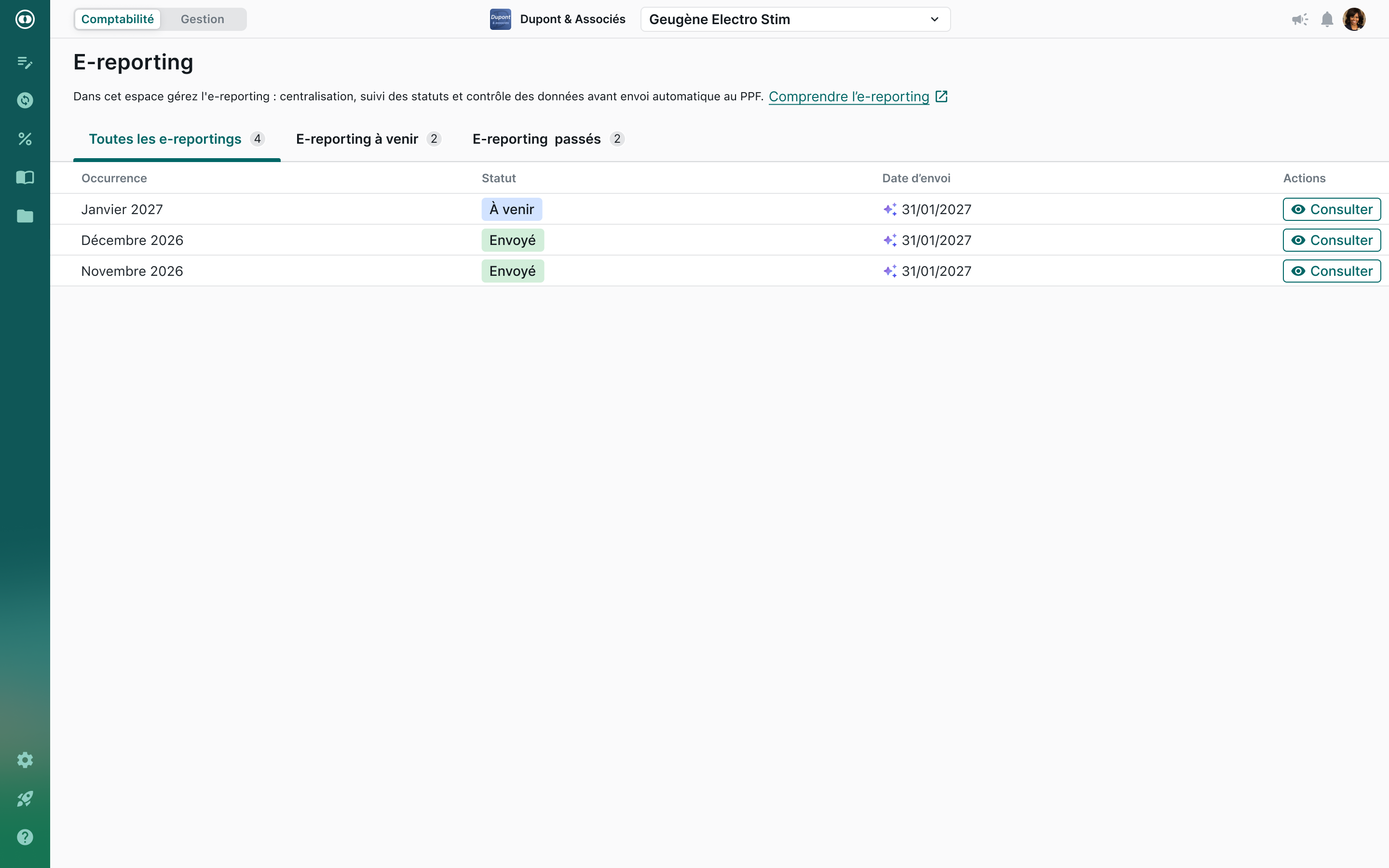 Pennylane a mis en place un espace dédié où vous pouvez consulter les données d'e-reporting avant envoi à l'administration. 