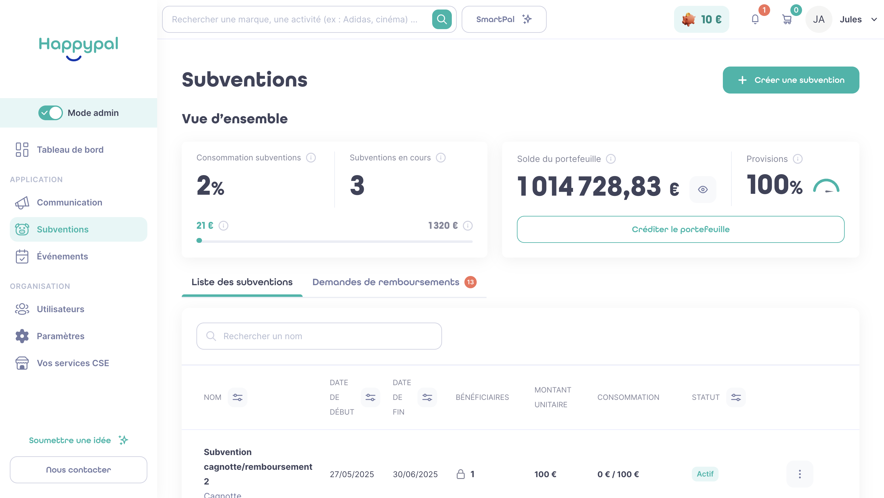 Cliquez sur Créer une subvention.