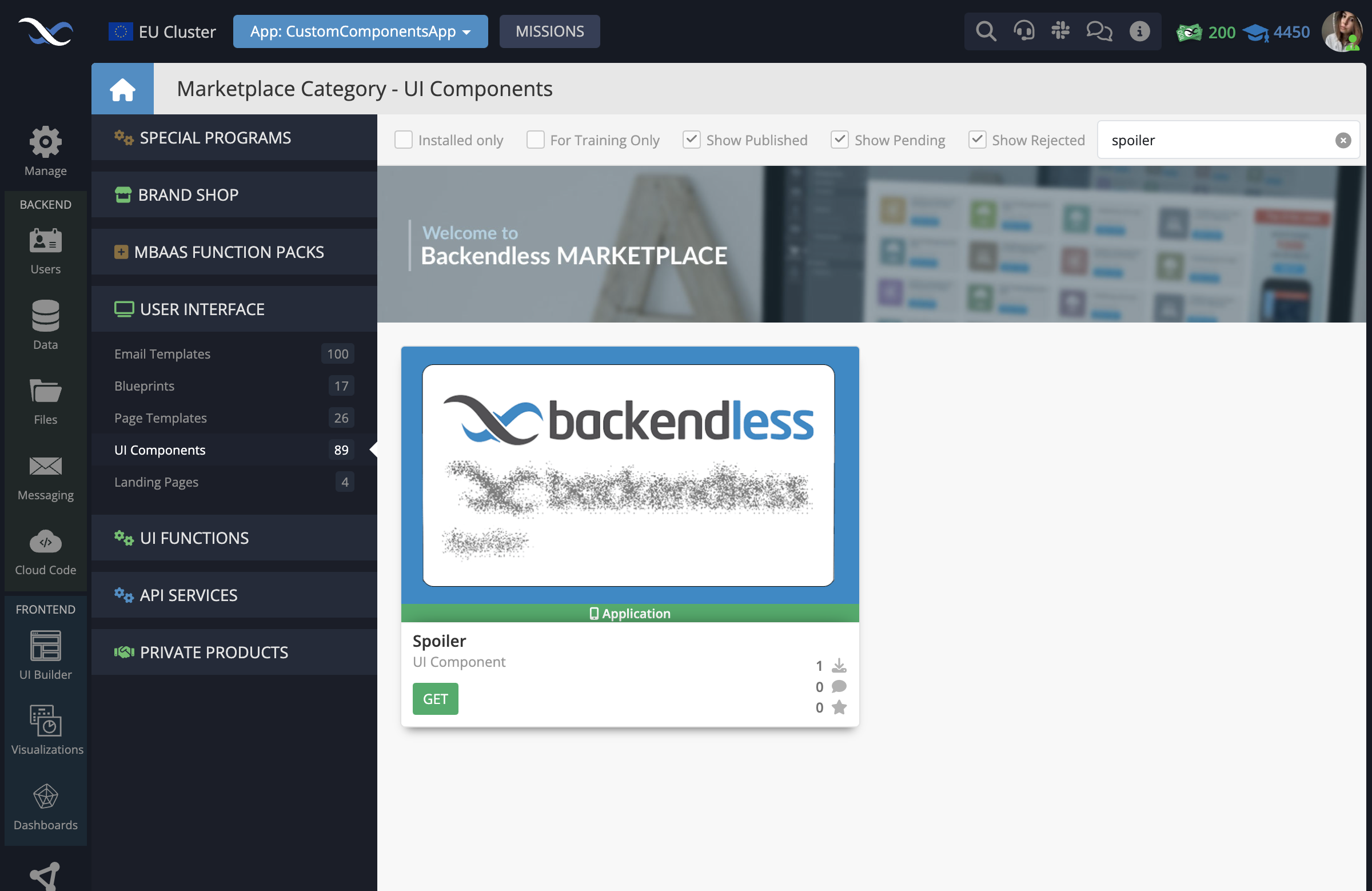 In your Backendless App, go to the Marketplace -> User Interface tab and install the Spoiler component