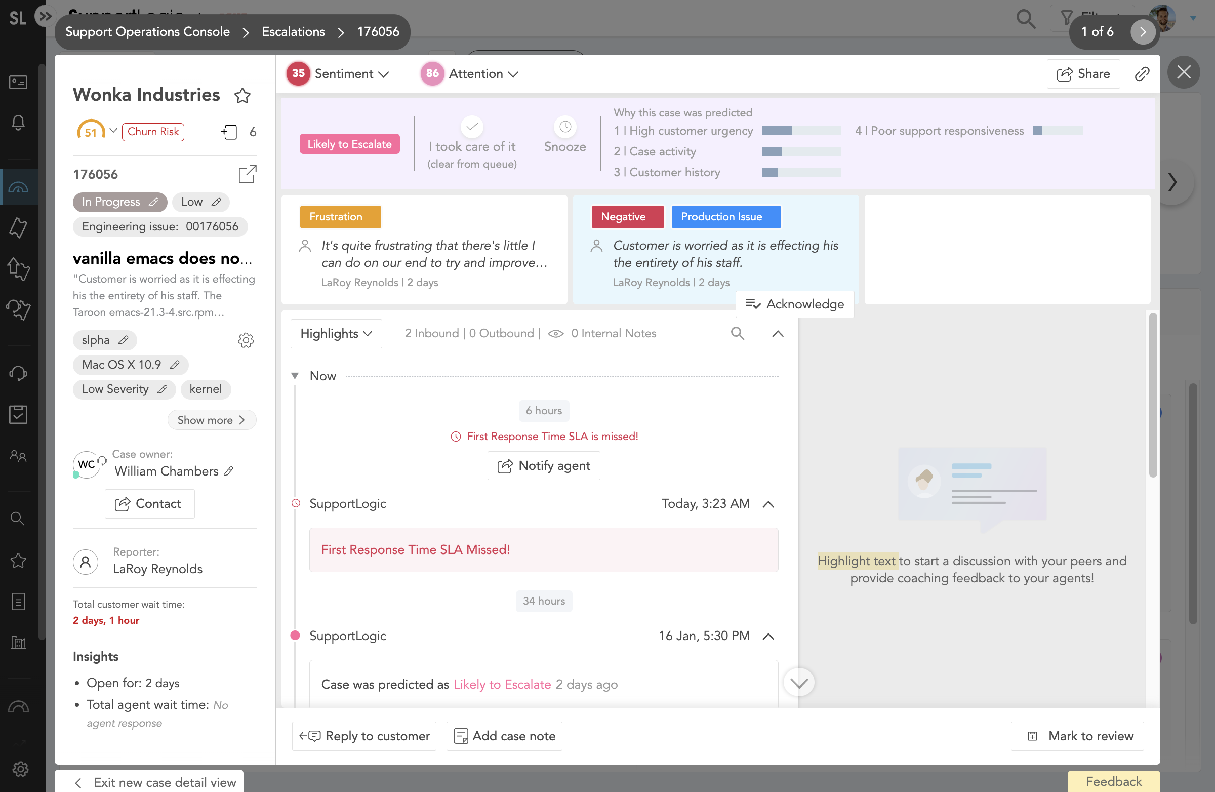 Clicking the sentiment takes you to where it occurs in the case details - without having to navigate to another tab or tool.

This workflow gives you information quickly so you can take action right away.