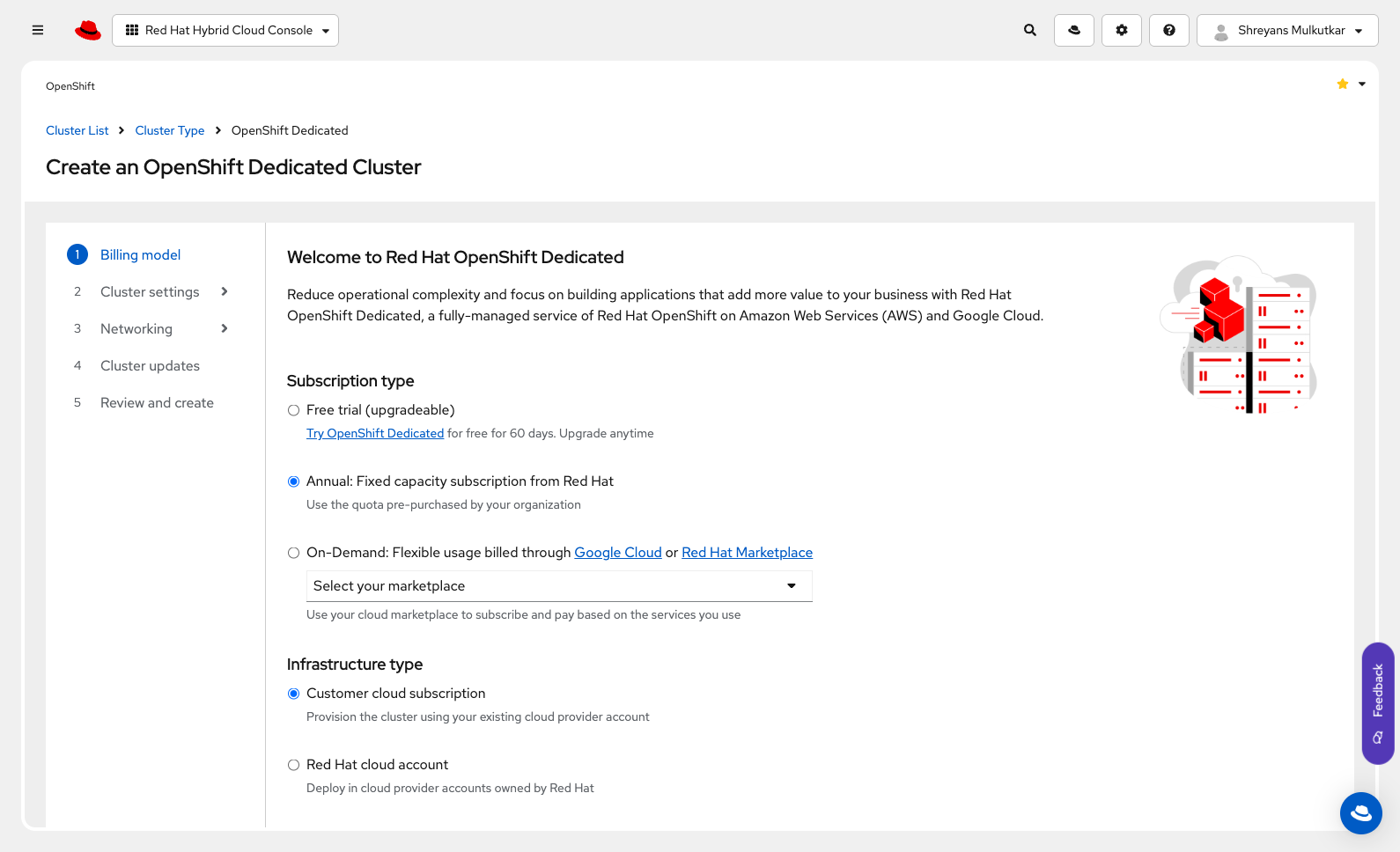 The OpenShift Cluster Manager console provides a user-friendly wizard for creating Red Hat OpenShift Dedicated clusters on Google Cloud.