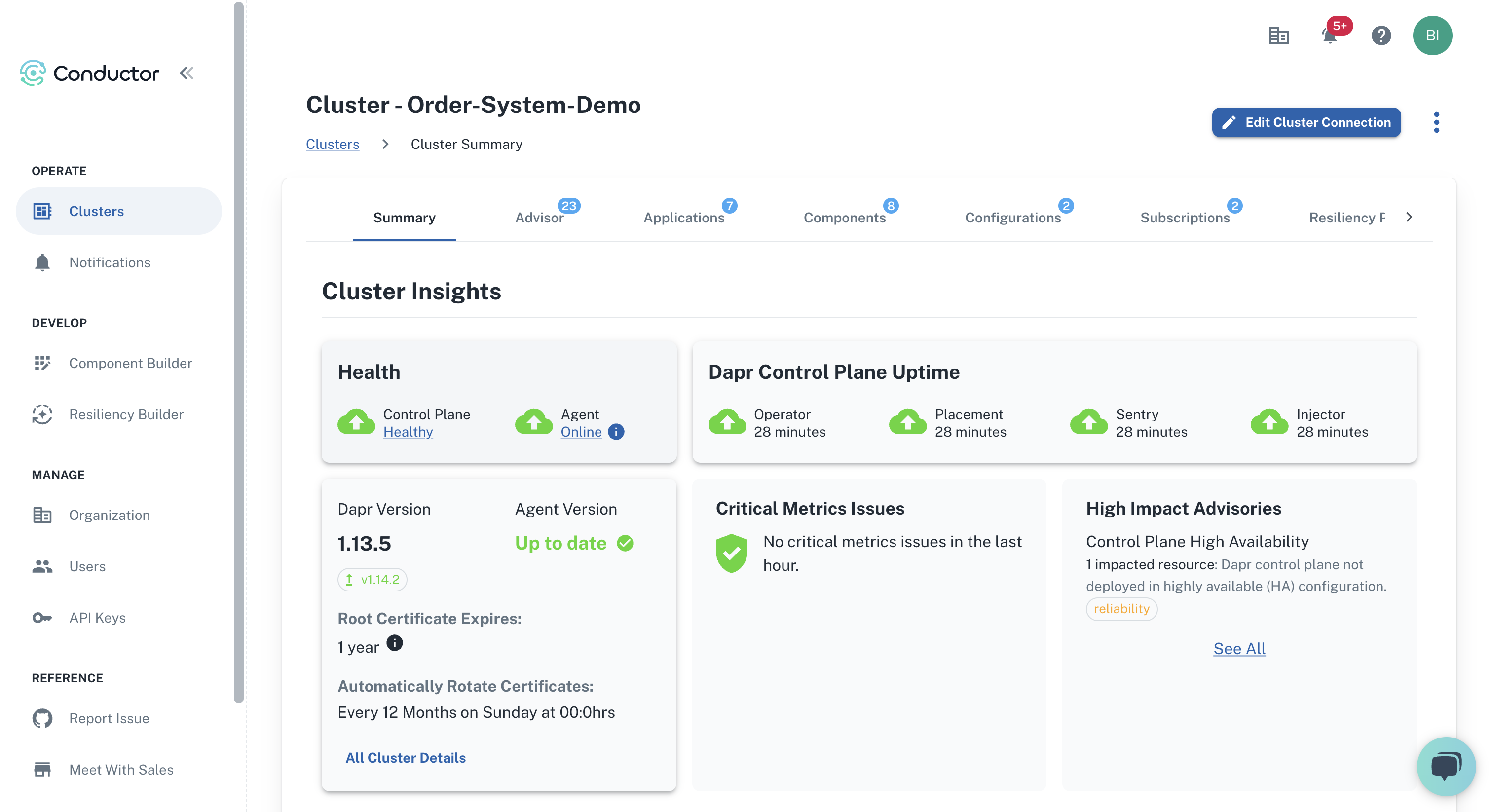 From the cluster dashboard, navigate to the Advisor tab.