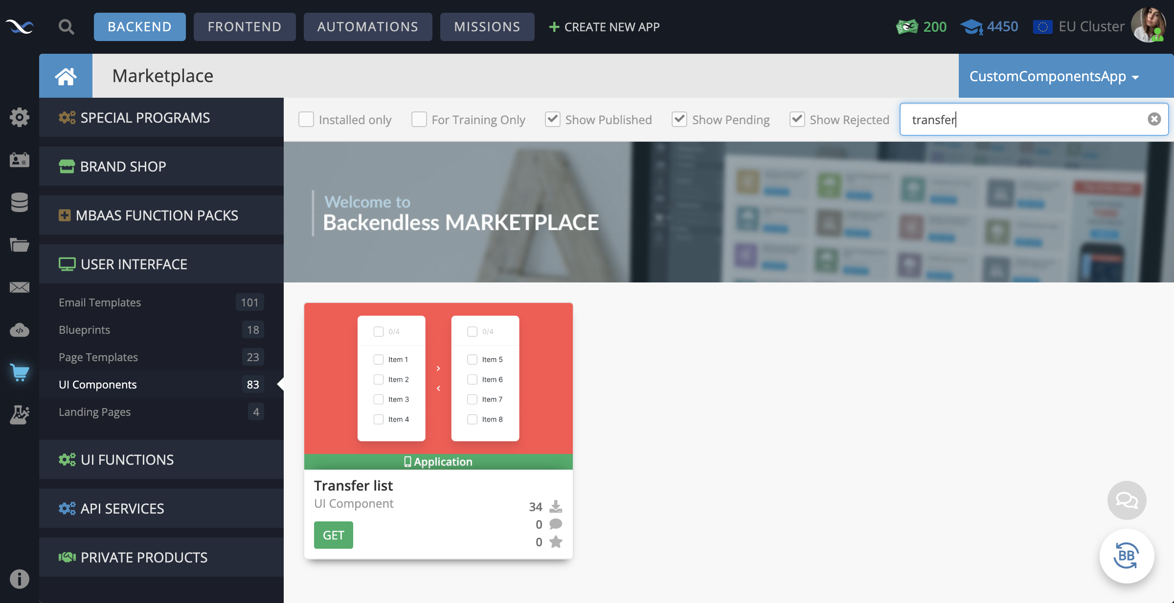 In your Backendless App, go to the Marketplace -> User Interface tab and install the Transfer list component