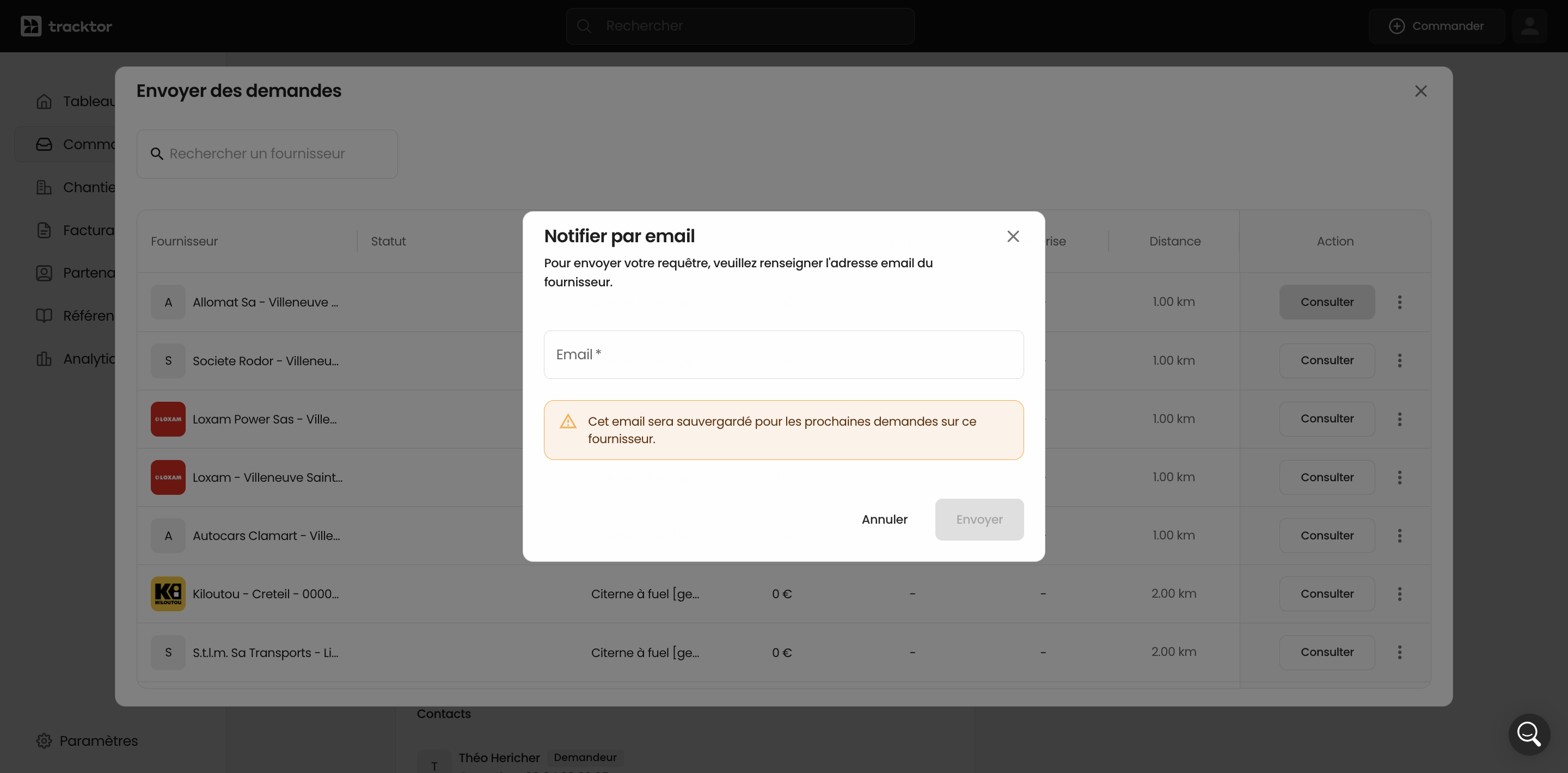 Entrez l'adresse email du fournisseur pour envoyer une notification
