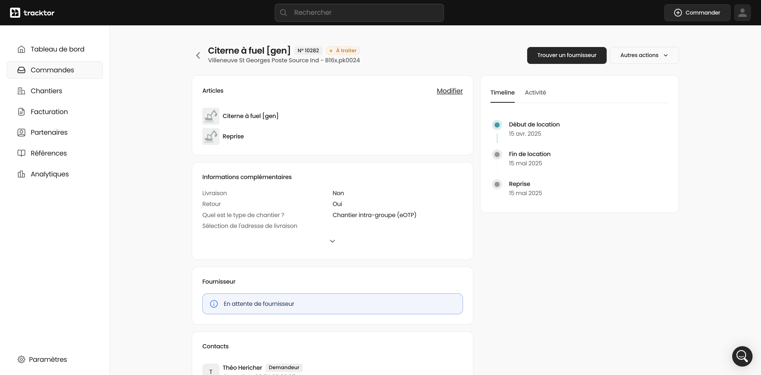 Une fois votre commande crée, sélectionnez un fournisseur