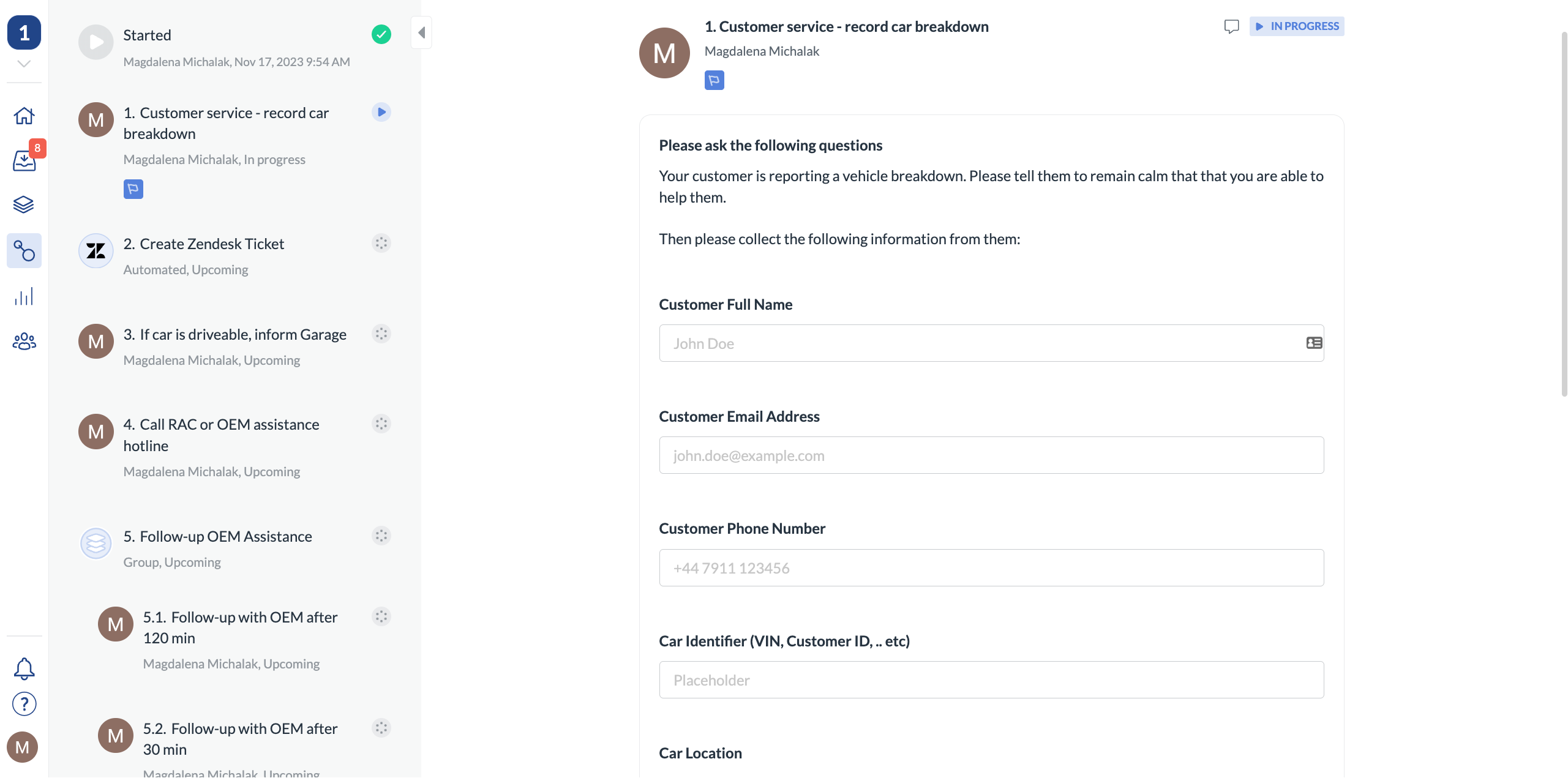 A support agent adds detailed data to the customer request. 
Building such forms is really easy in Next Matter