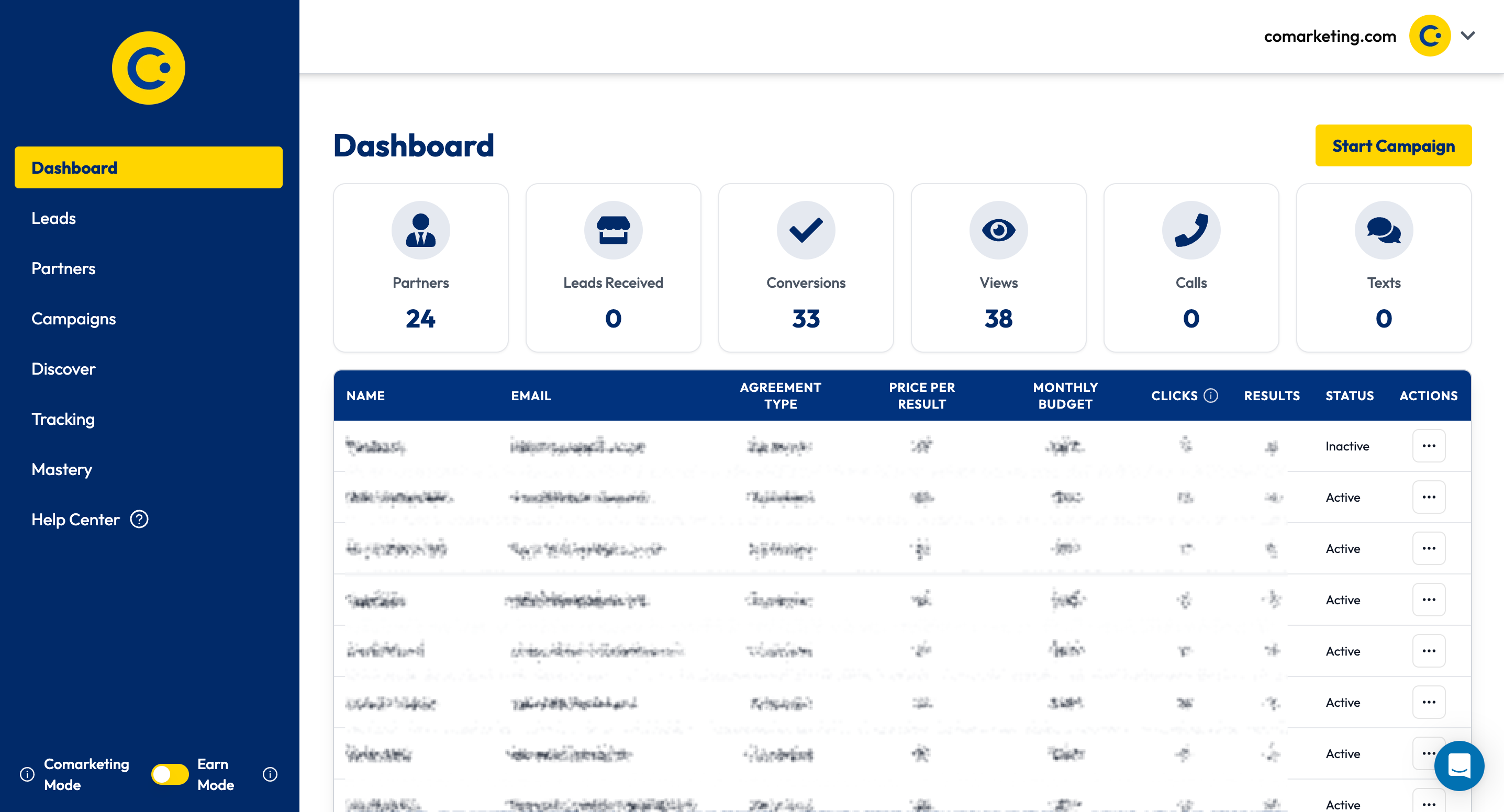 Login, enter *Comarketing Mode*, and select **Tracking**.