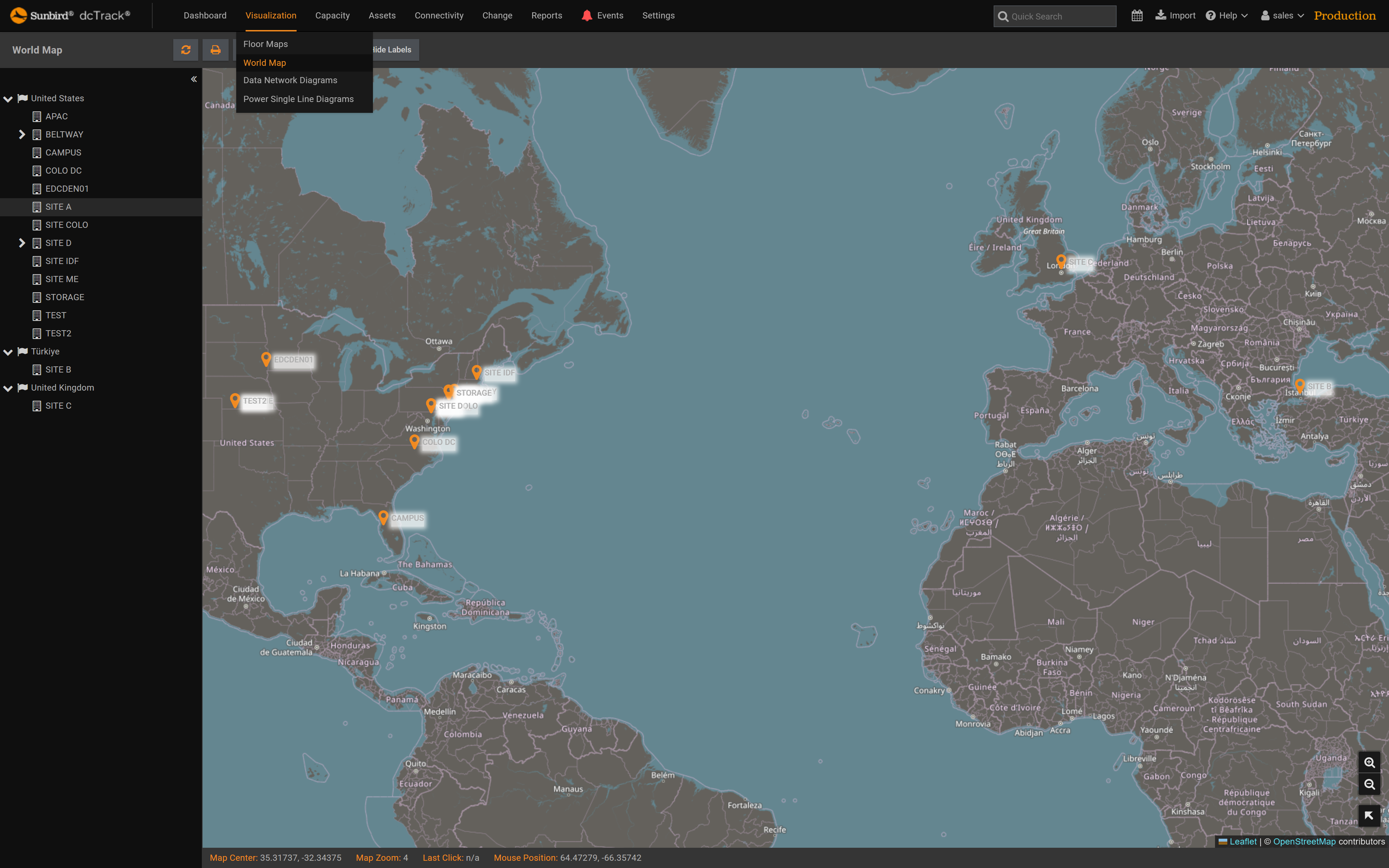 Sunbird DCIM provides multiple visualization capabilities with the ability to see your global infrastructure in 2D/3D, world maps, network diagrams, and single-line diagrams, offering a digital twin of all your infrastructure across all your sites.