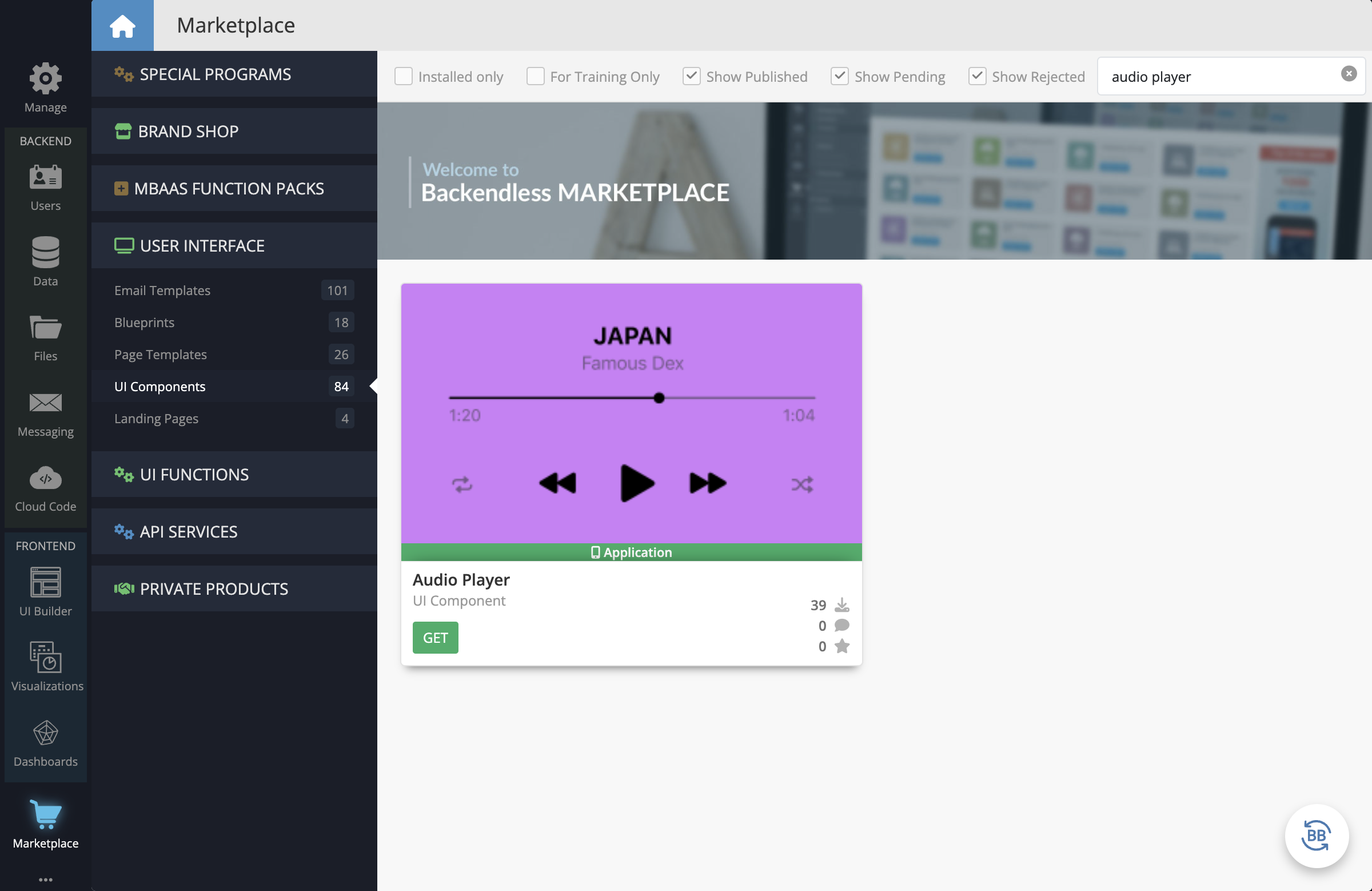 In your Backendless App, go to the Marketplace -> User Interface tab and install the Audio Player component