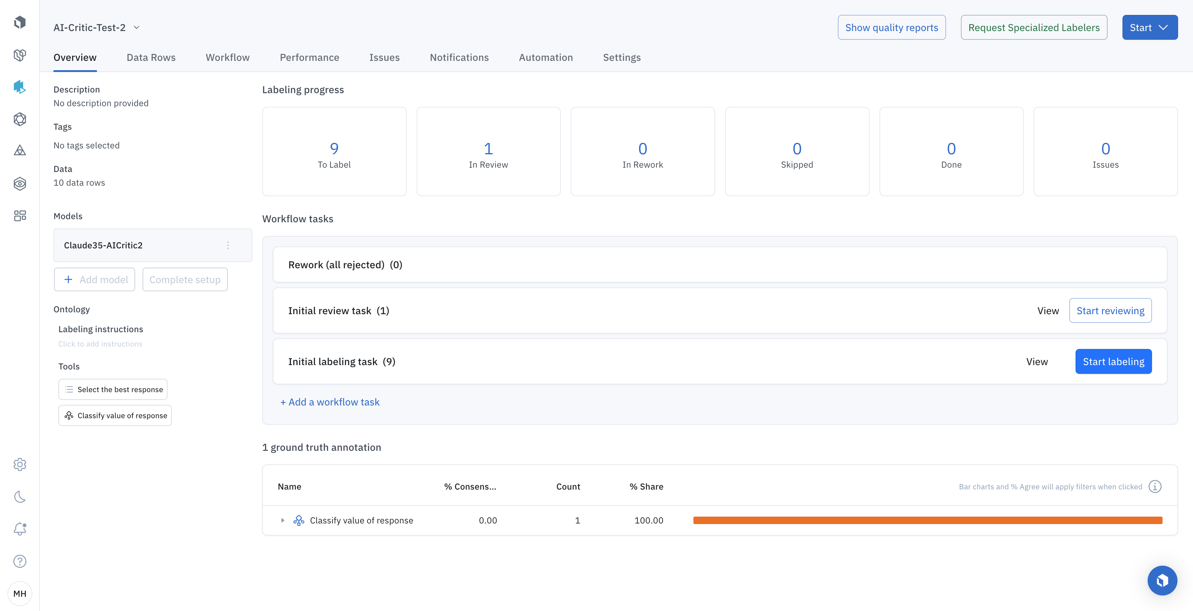 To use the built-in code and grammar critic, enter a multimodal chat project. For this project, we've already configured it with Claude 3.5 and a basic ontology.

Click on Start labeling to enter the editor. 