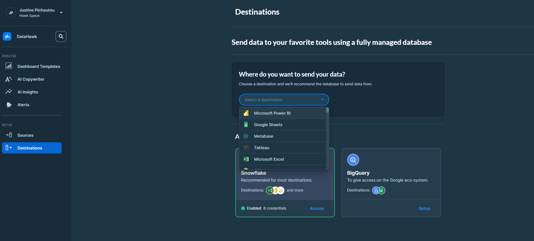 After navigating to the Destinations page, select the Destination of your choice to know which database is recommended