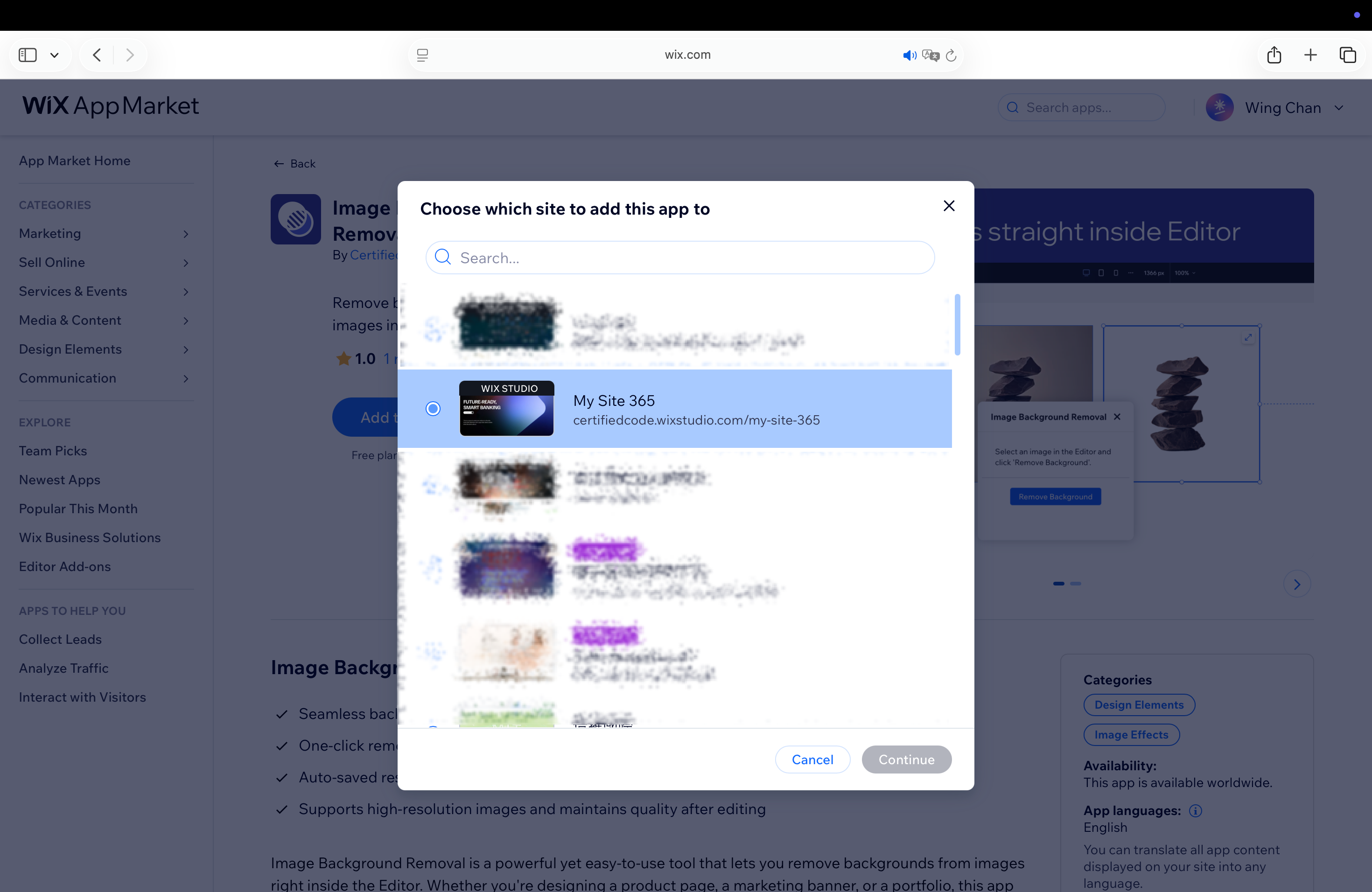 Choose which site you want to add the Image Background Removal app to.