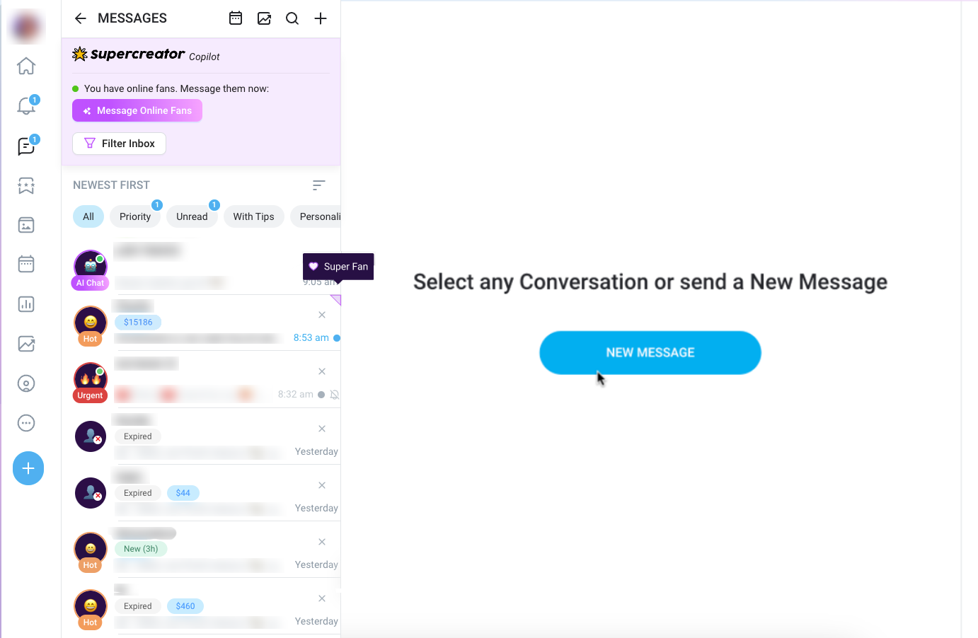 Welcome to your Inbox Copilot! This tool helps you manage conversations efficiently, guiding you on which fans to prioritize and which to avoid, saving you and your team time.