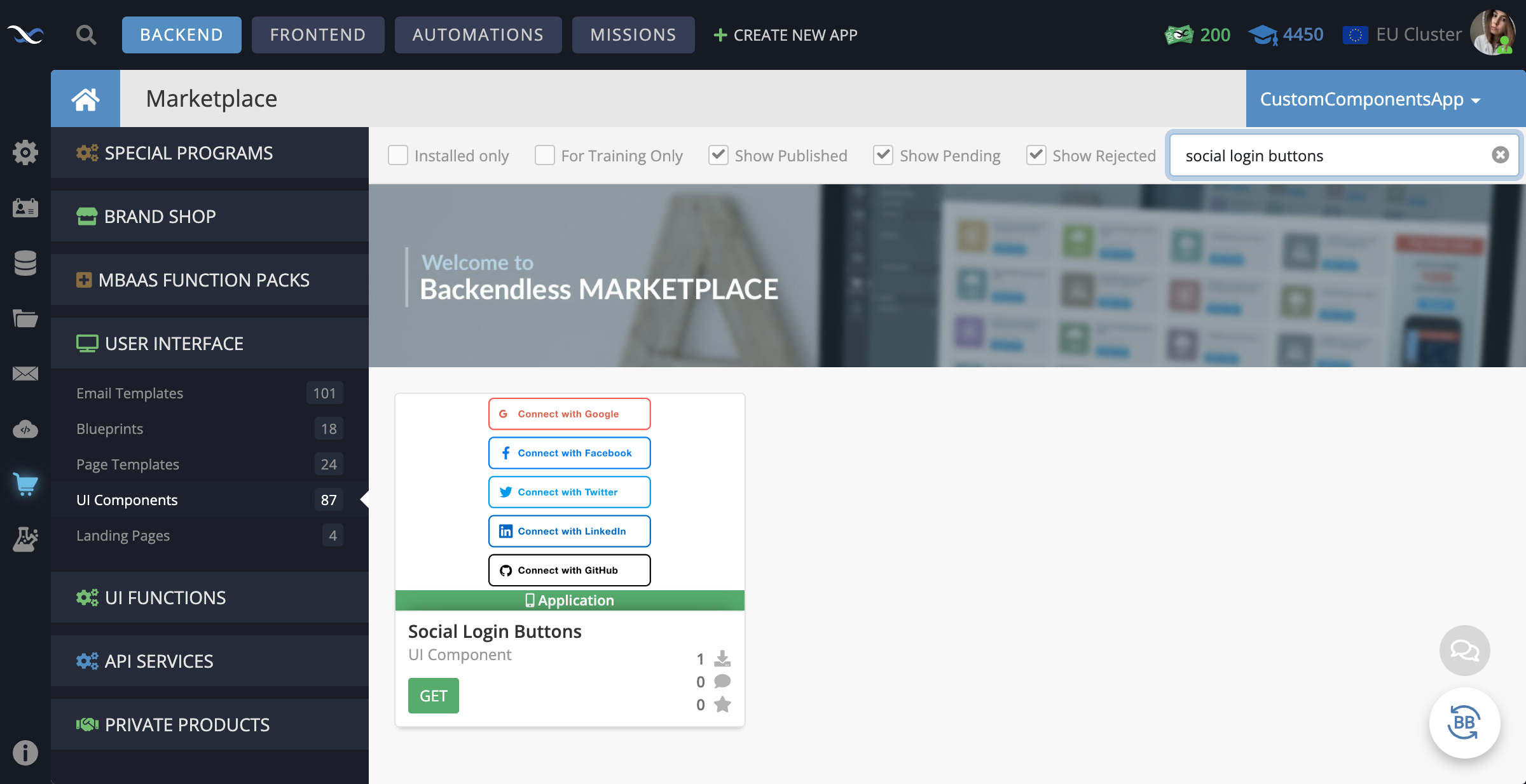 In your Backendless App, go to the Marketplace -> User Interface tab and install the Social Login Button component