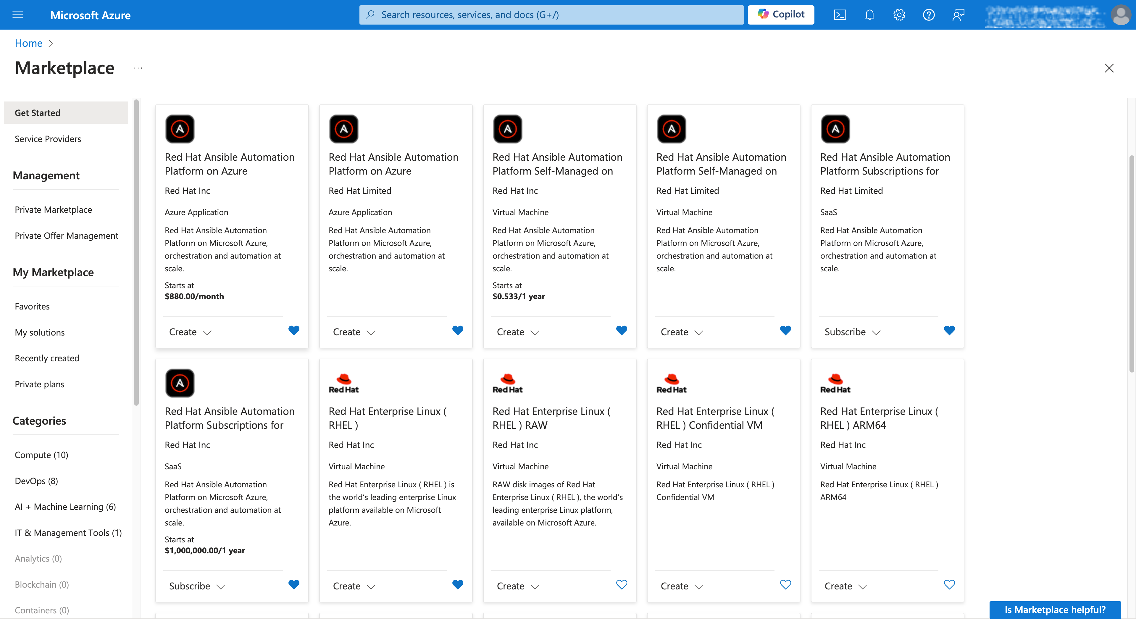 Select **Red Hat Ansible Automation Platform on Azure - Azure Application**

**NOTE:  if you have accepted a PRIVATE OFFER, you would start from the PRIVATE OFFER MANAGEMENT menu to the left**