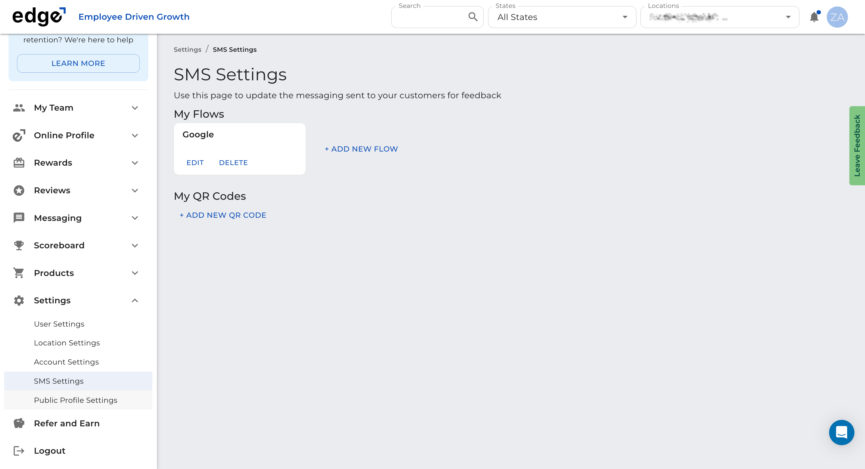 Click on the **SMS Settings** tab to add negative review recipients.
