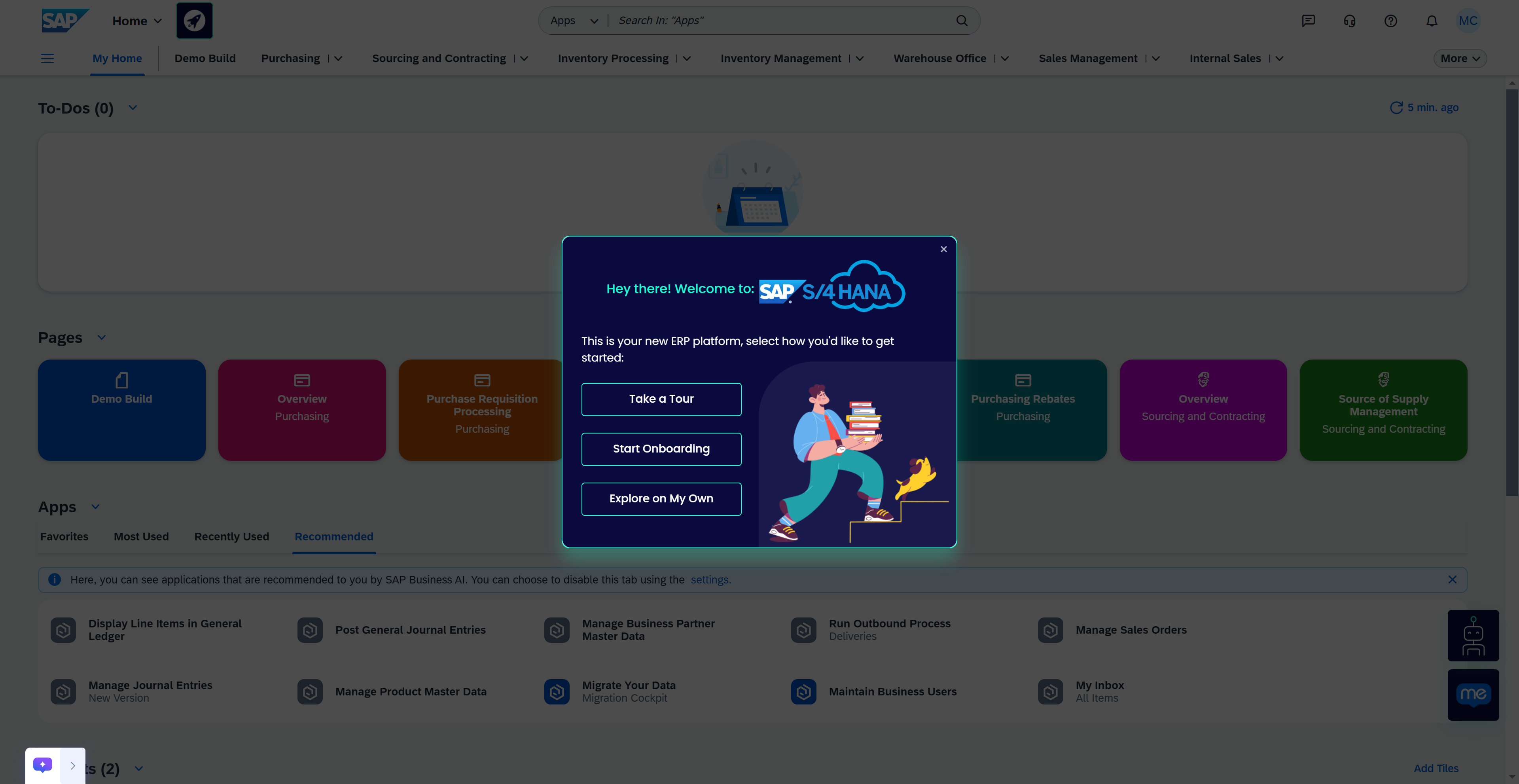 In this scenario we will pretend I am a Fitness Fits Apparel employee that is new to S/4HANA. Upon entering S/4HANA WalkMe can see that this is my first time here. I'm presented with an option to take a tour to get familiar with the application. I'm going to click on "Take a Tour."
