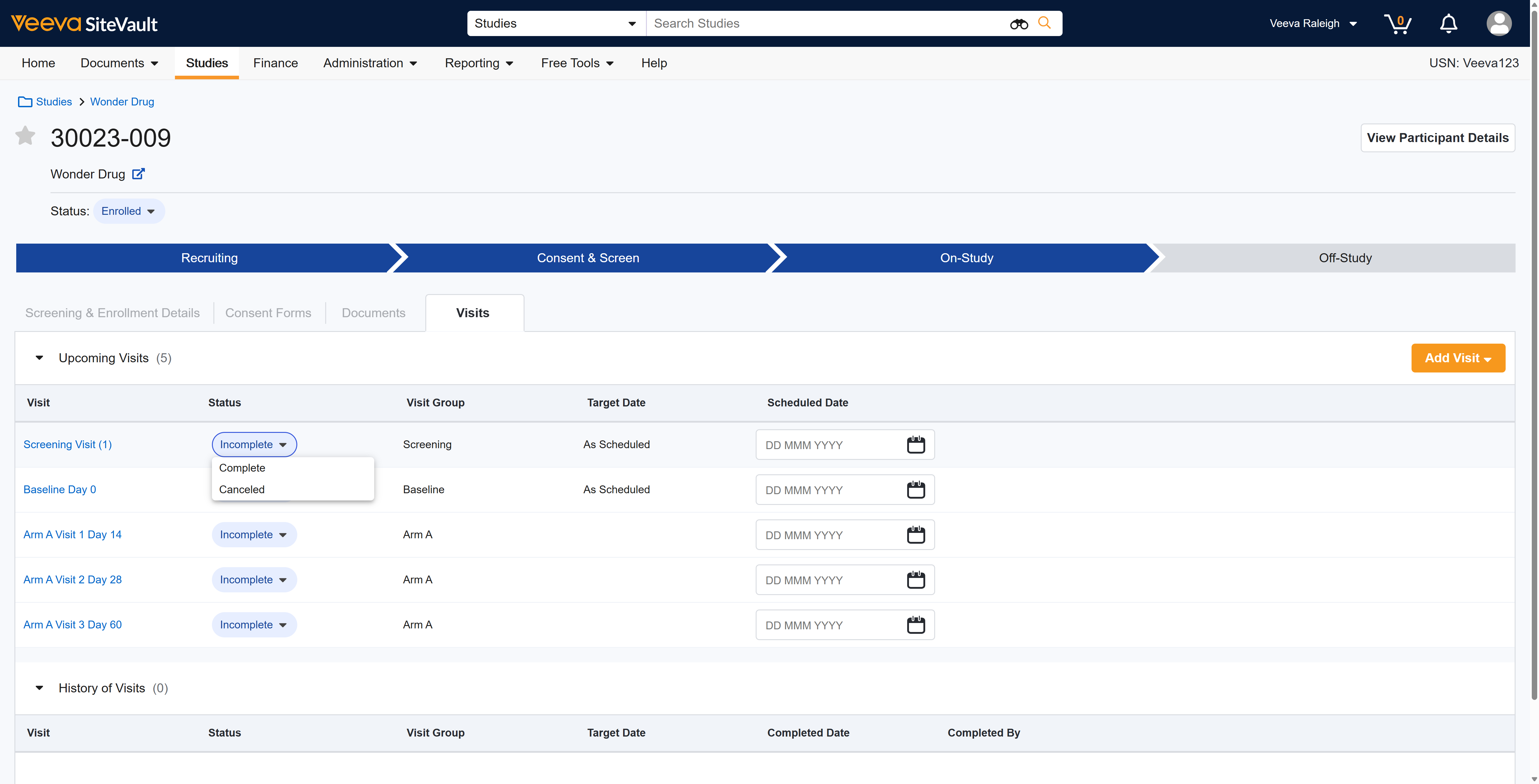 After adding Visits from the Visit Schedule, you can quickly complete visits from the status dropdown