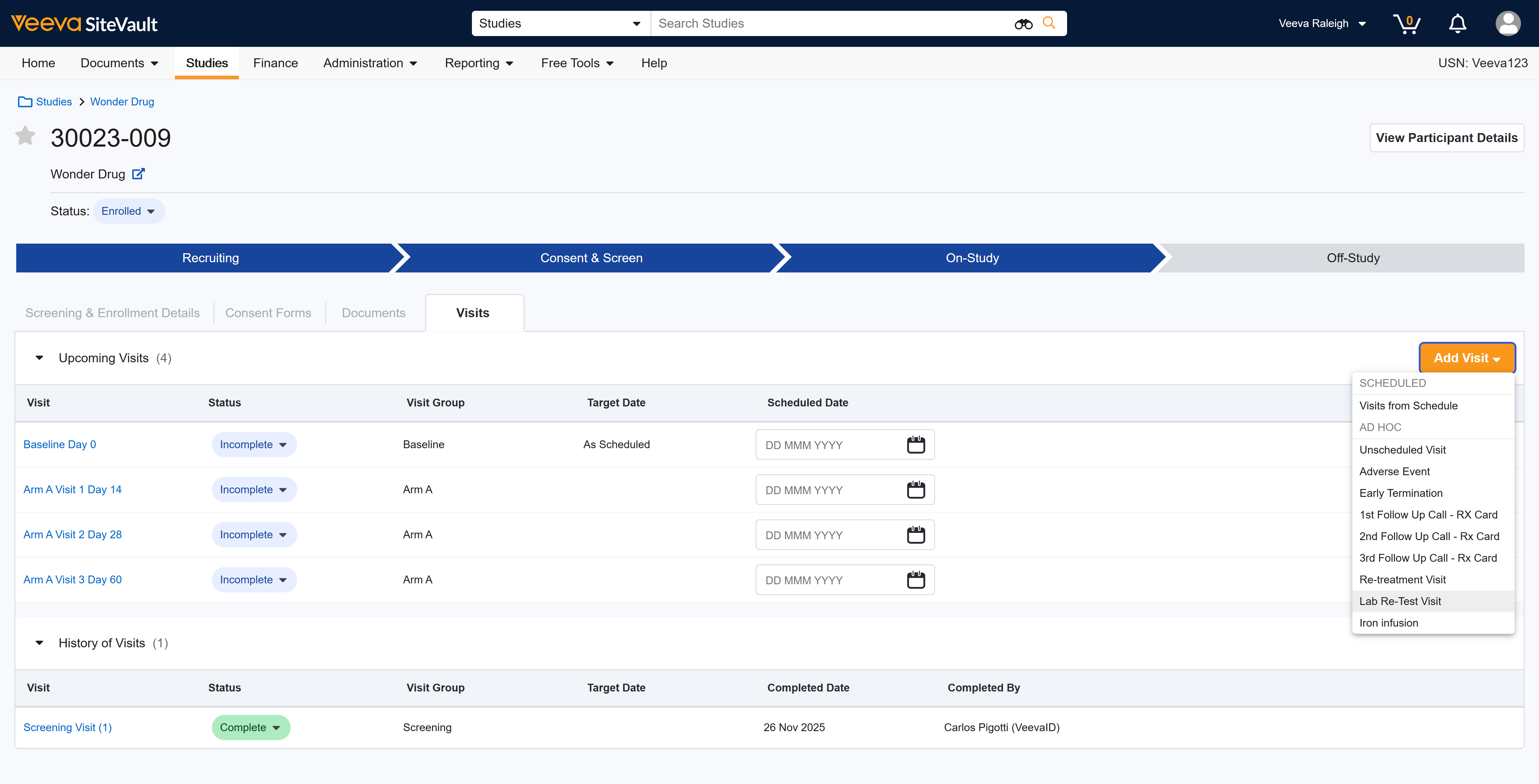 To add an **ad hoc visit** select the ad hoc visit from the **Add Visit** dropdown