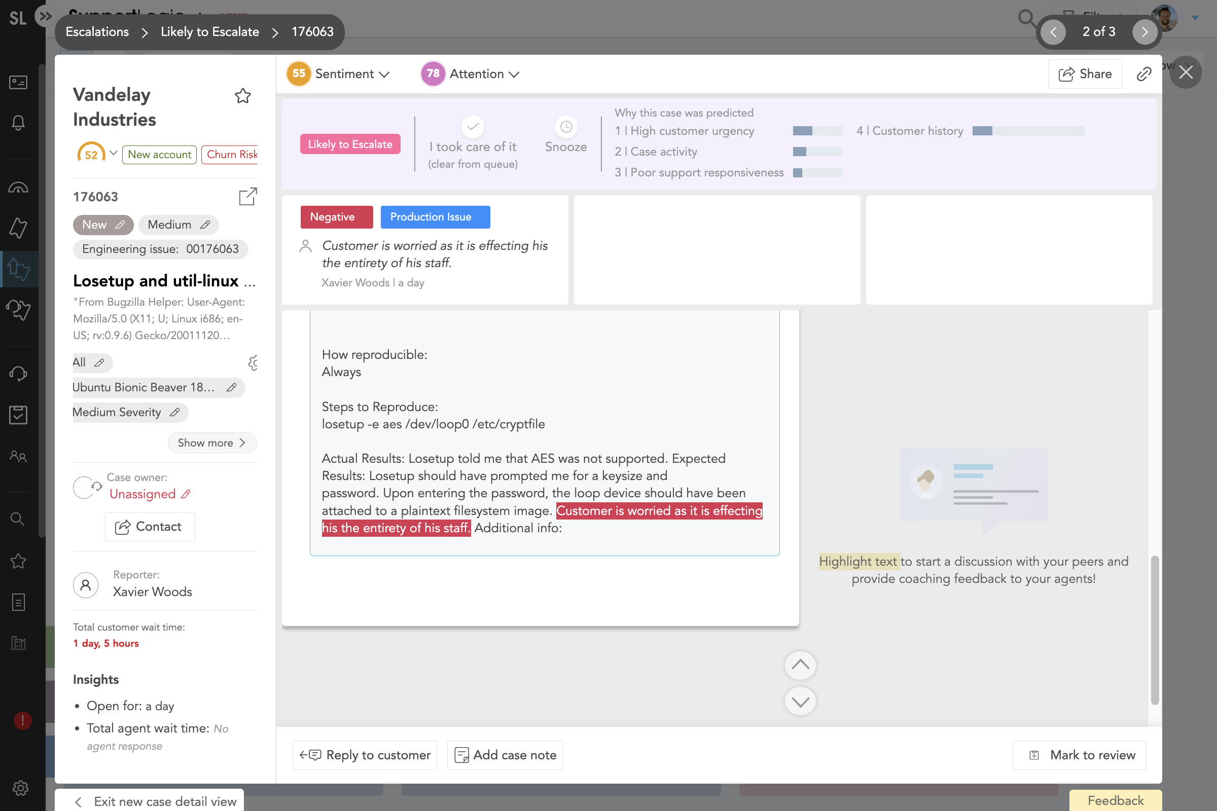 The detected sentiment is highlighted at the top of the case view, clicking this shoots you straight to where the sentiment occurs in the case log.

From here you can notify a teammate with your messaging integration, email an expert, respond to the assignee or requester, or reassign the case.