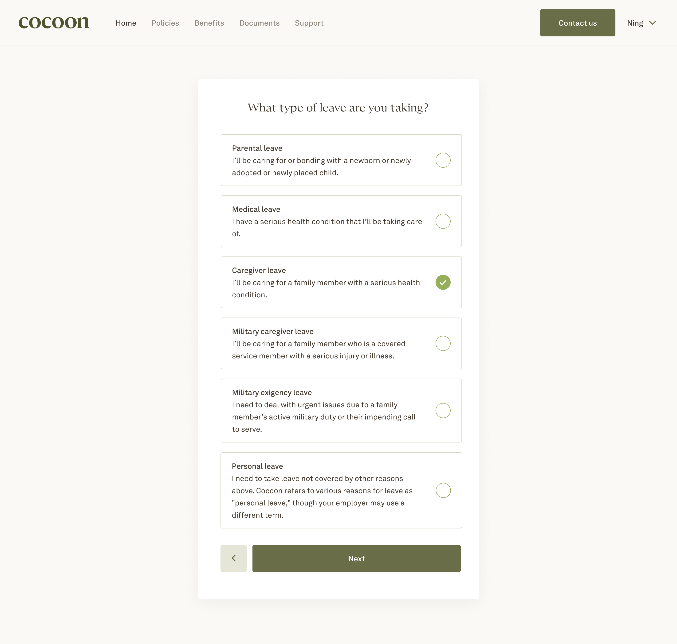 Employees can log into 
Cocoon to privately plan 
a fully compliant 
caregiver leave