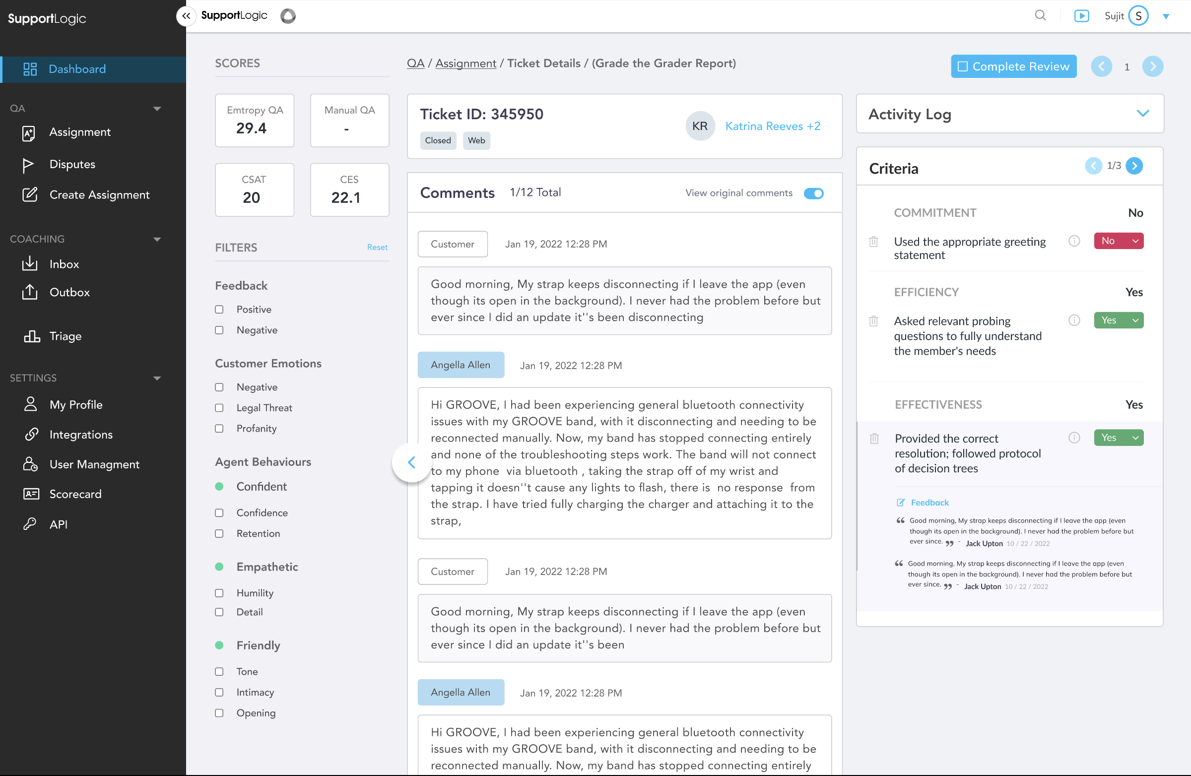 Here you can see how a ticket is evaluated - detailed analysis that saves you time and gets you right to the most important QA issues.