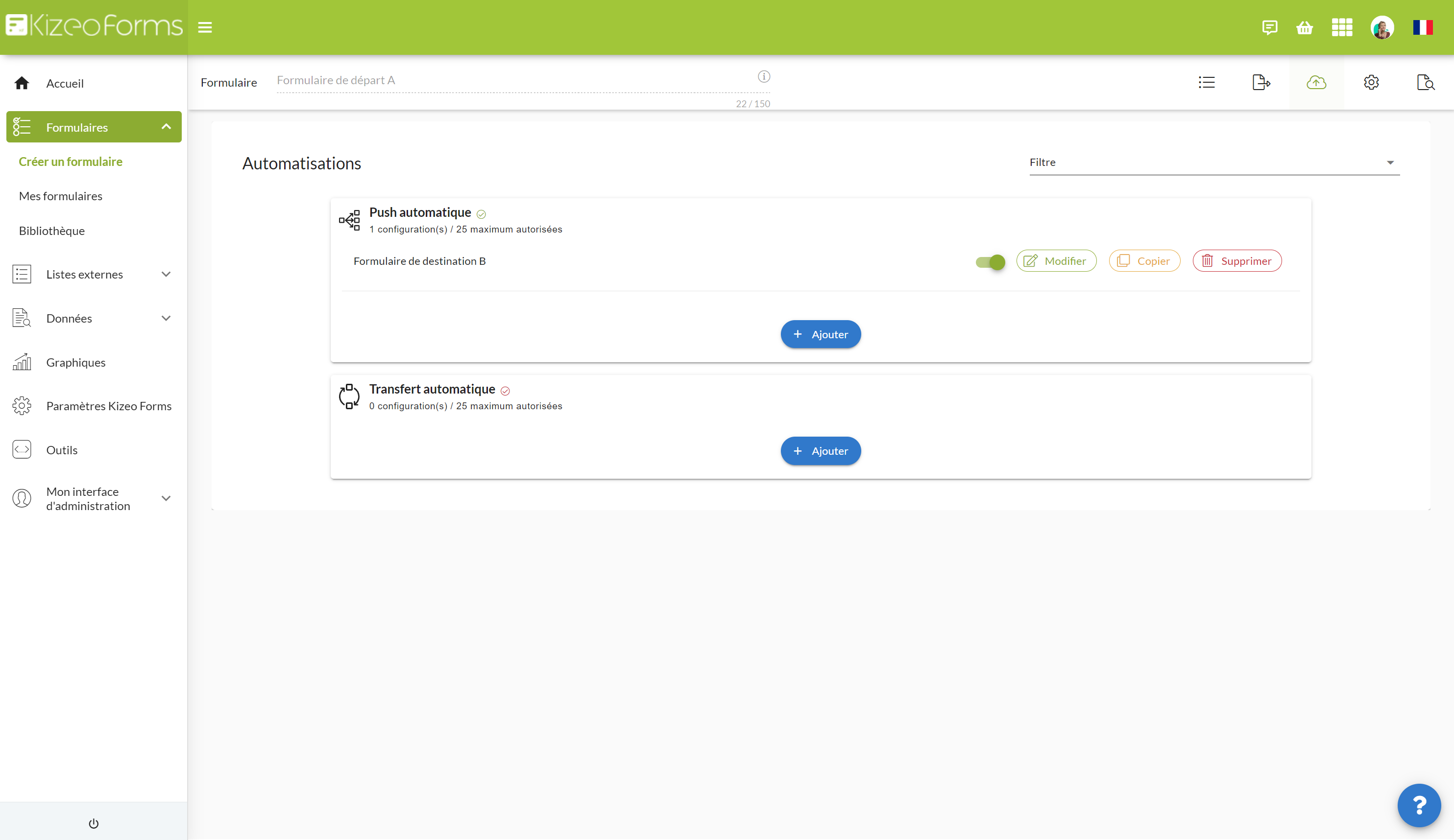 Le filtre se fait sur le type d'automatisation