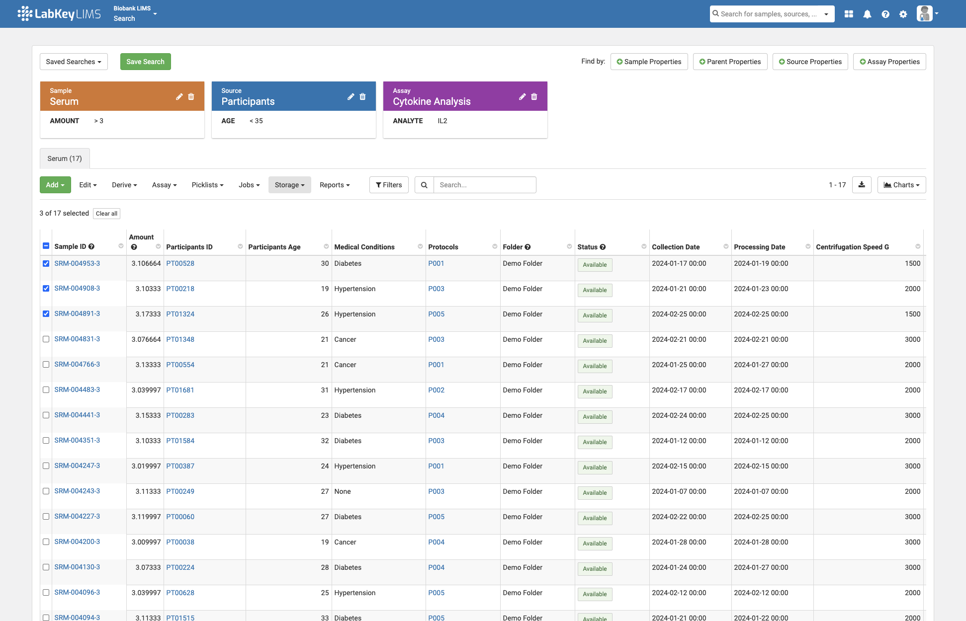 Query your sample inventory using relevant properties and take action directly from the grid of results. 